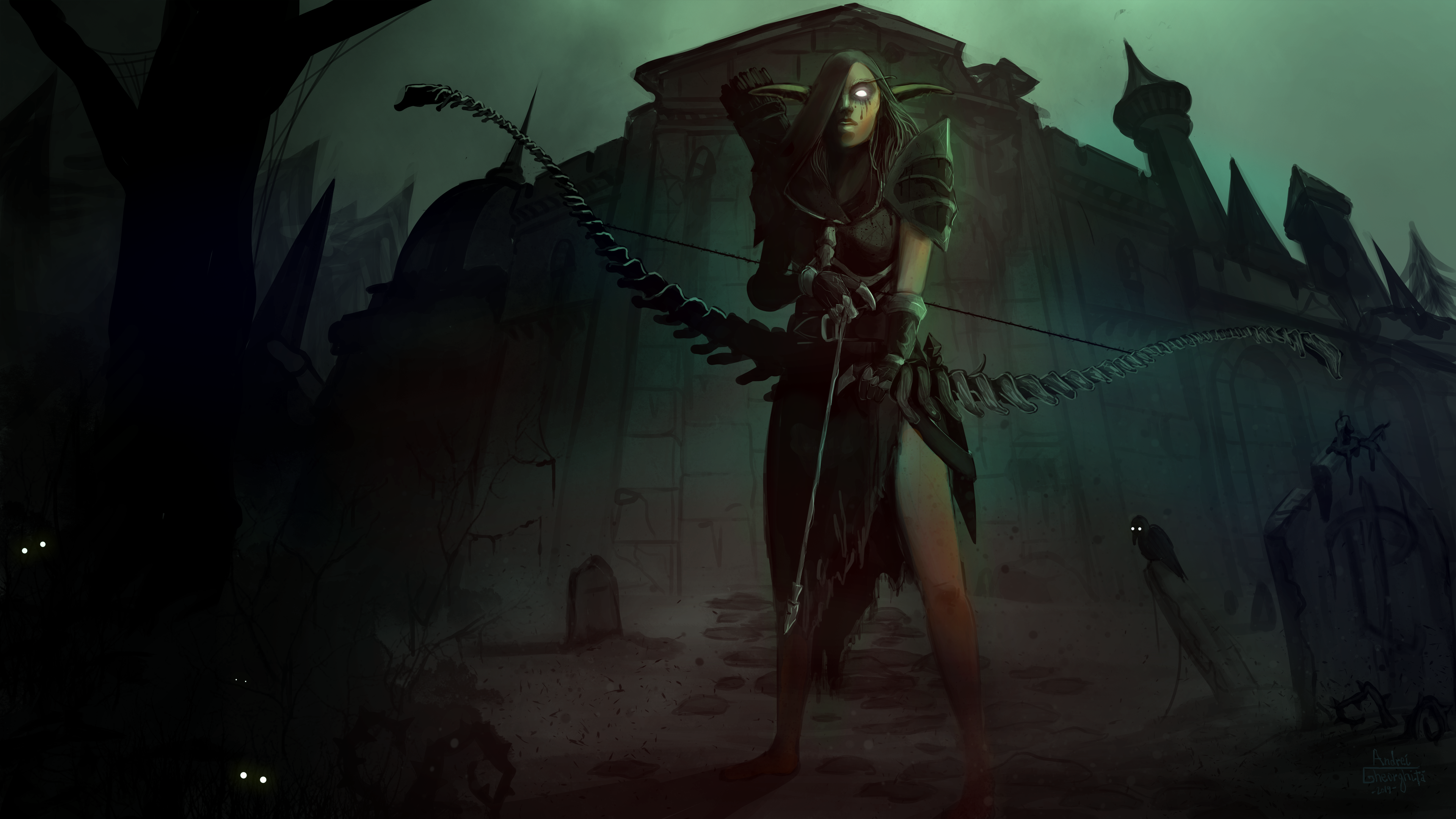 Sylvanas Windrunner from World of Warcraft in a dark fantasy setting HD Wallpaper