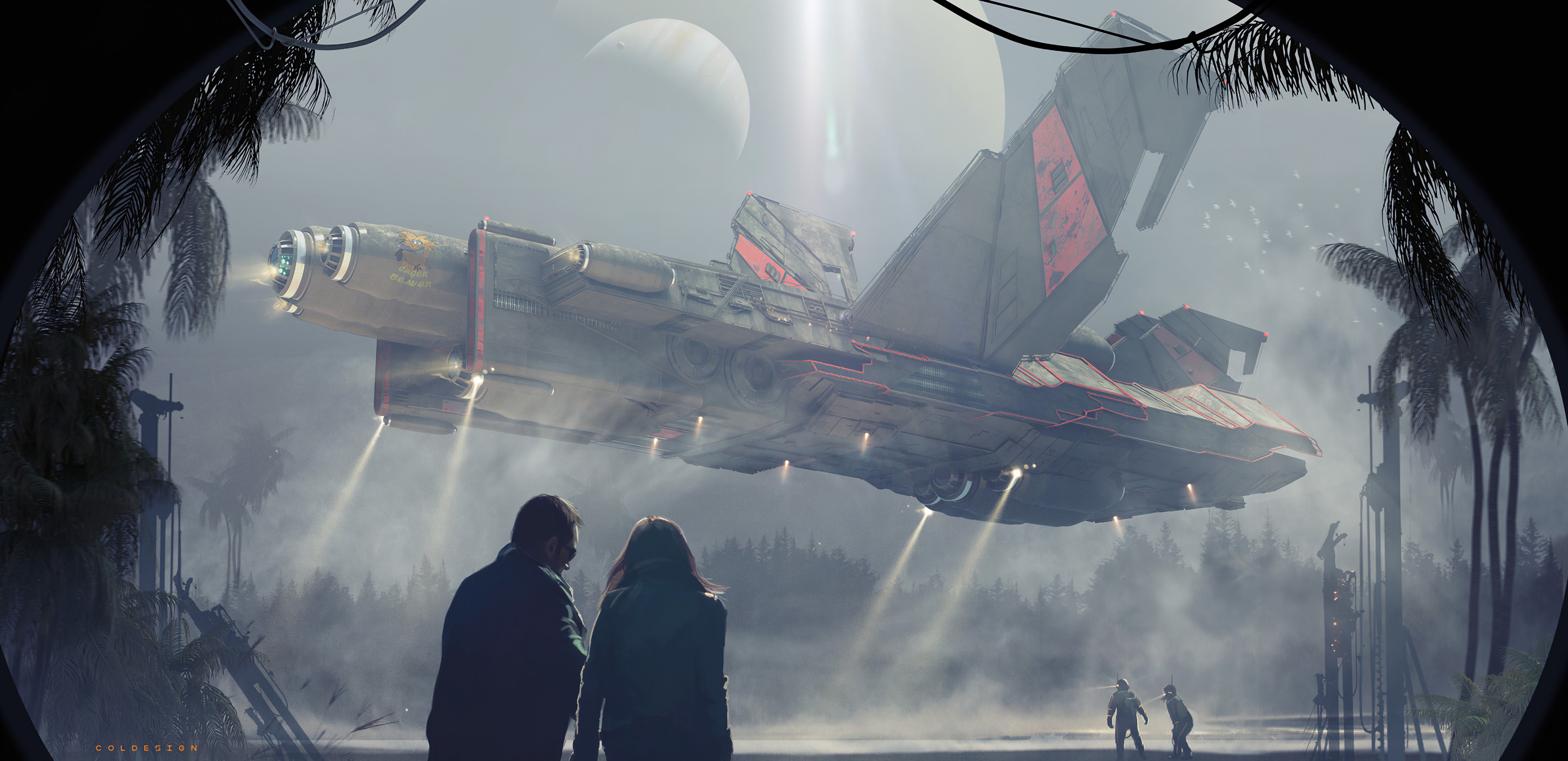 Spaceship landing in a misty jungle with people watching HD Wallpaper