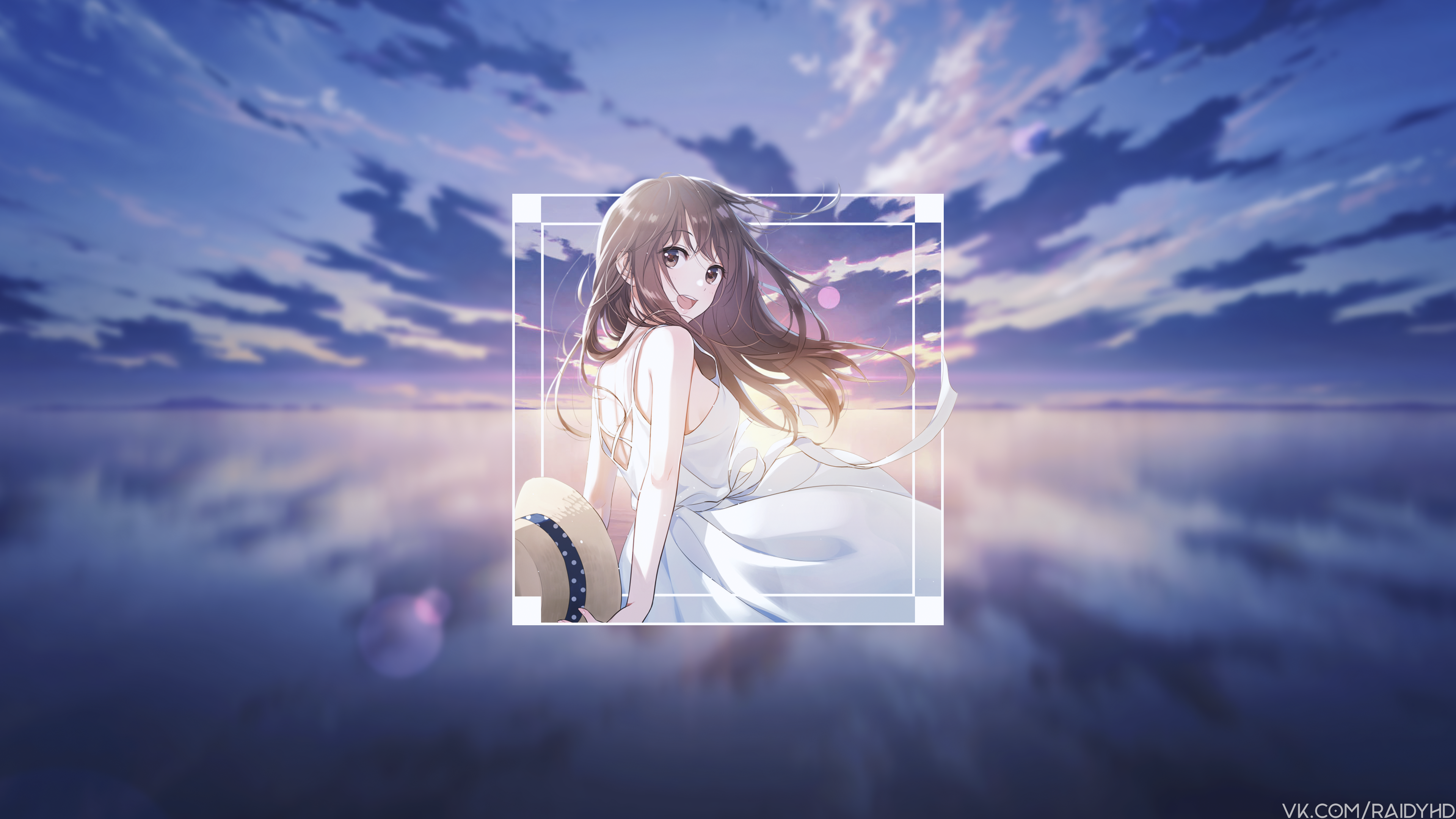 Anime girl in white dress with straw hat HD Wallpaper