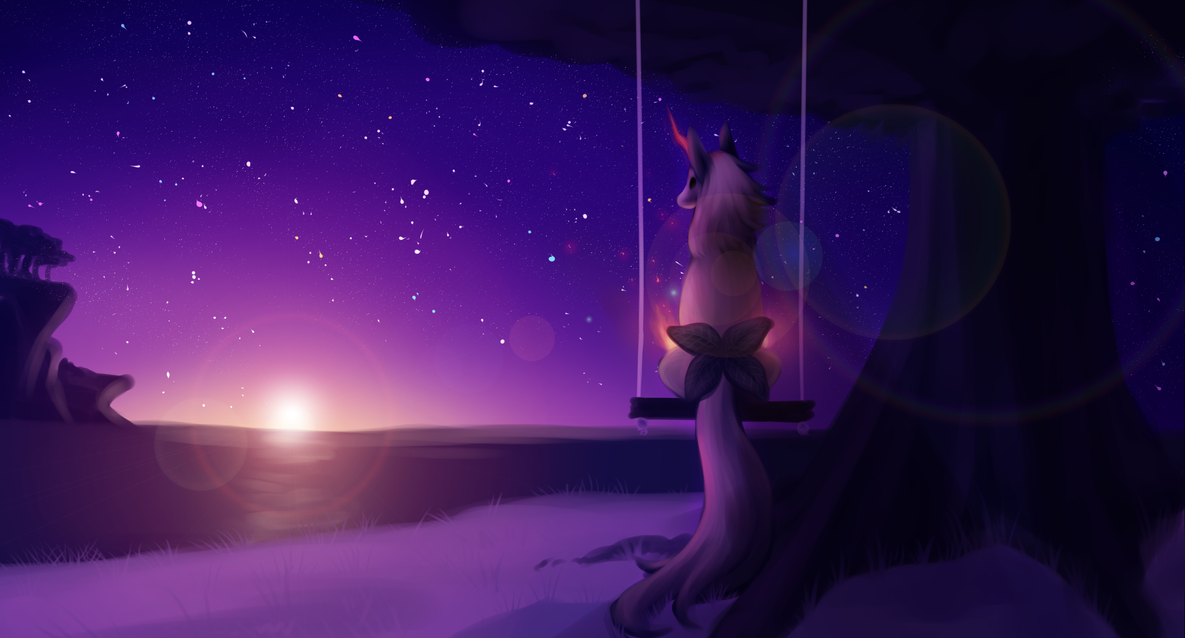 Unicorn on a swing at sunset with stars HD Wallpaper
