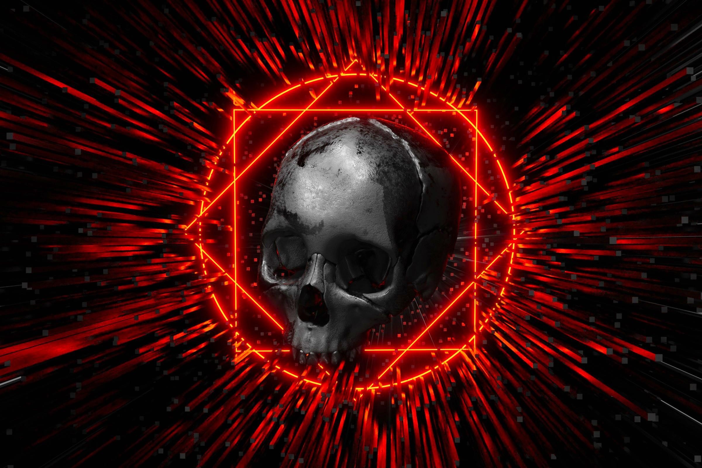 Skull with red geometric lines and light effects HD Wallpaper