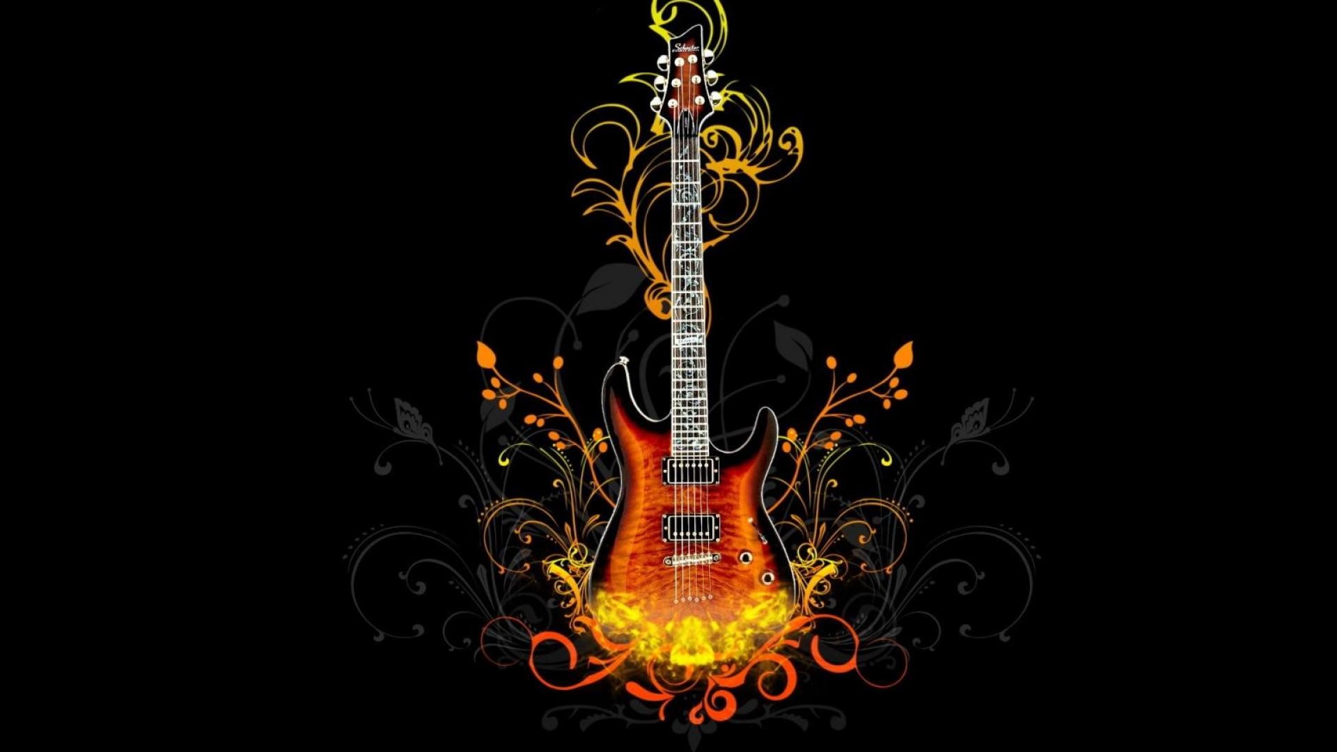 Electric guitar with flames and floral design HD Wallpaper
