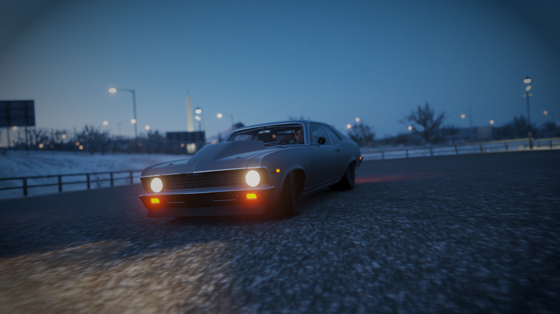 Gray muscle car driving on a road at dusk HD Wallpaper