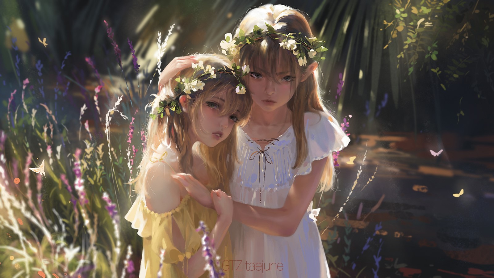 Two young girls with flower crowns in a field HD Wallpaper