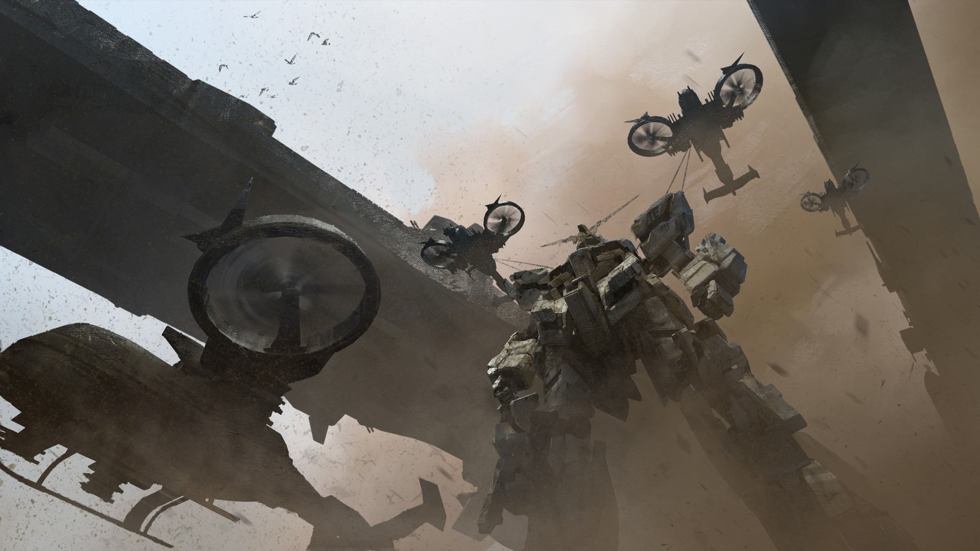 Robots and helicopters in a dusty, ruined environment HD Wallpaper