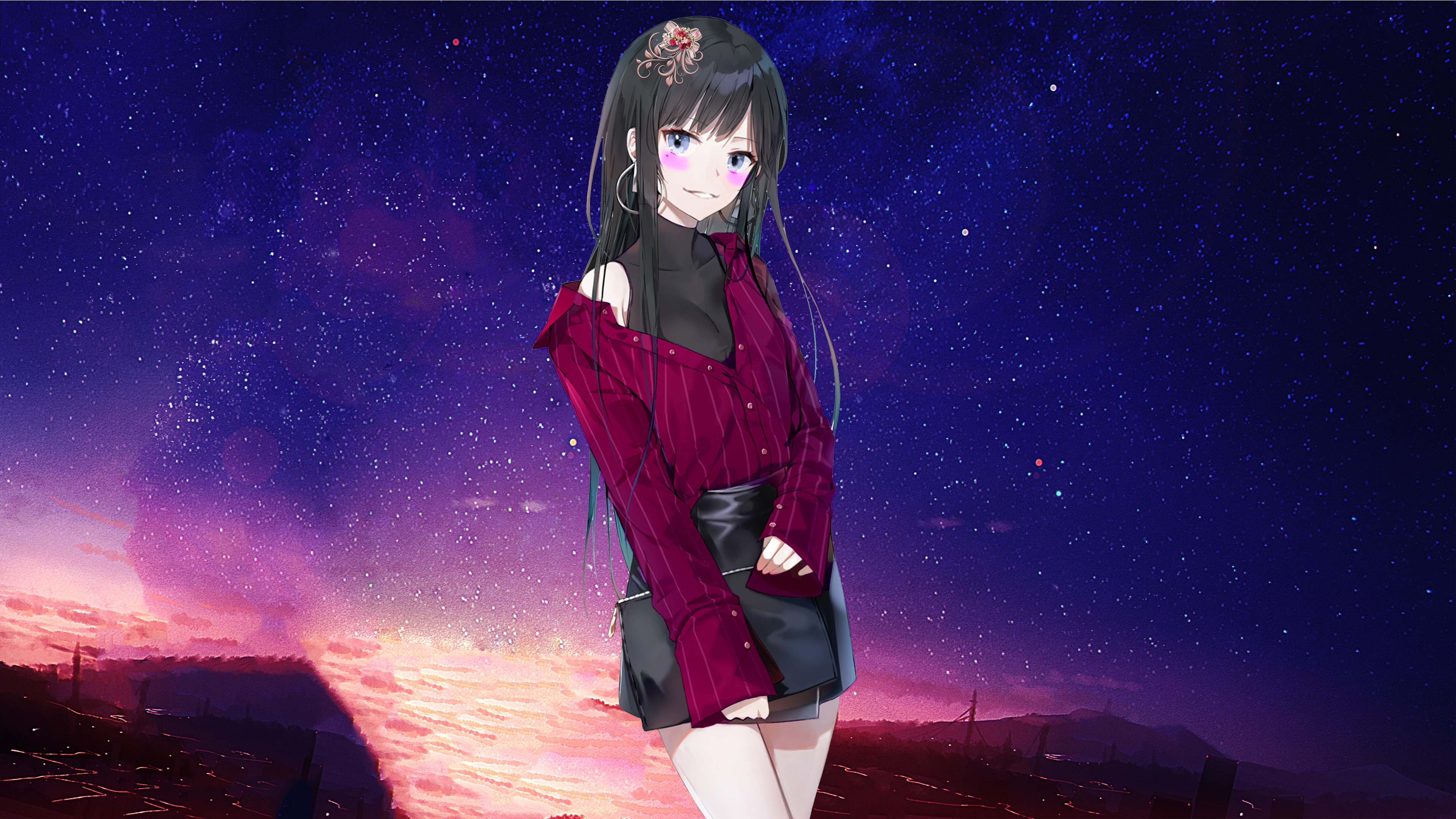 Anime girl with dark hair under starry sky HD Wallpaper