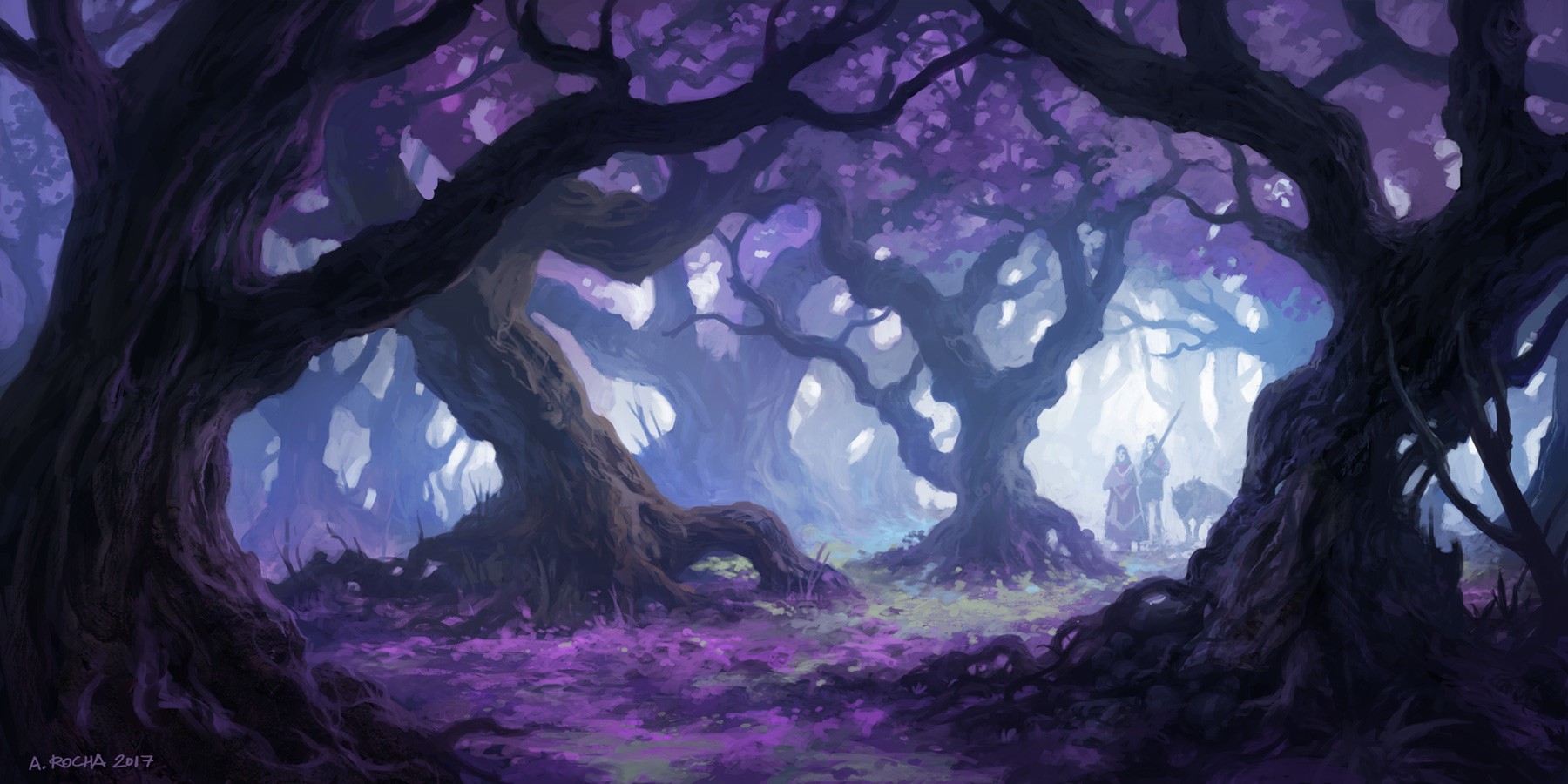 Purple forest with two people and a wolf HD Wallpaper