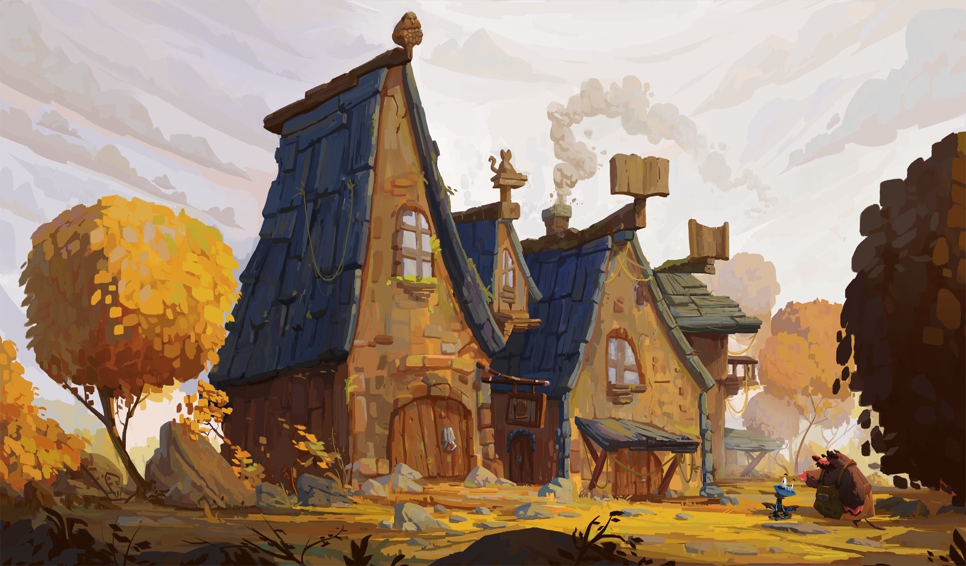 Concept art of a whimsical house in fall with a bear HD Wallpaper