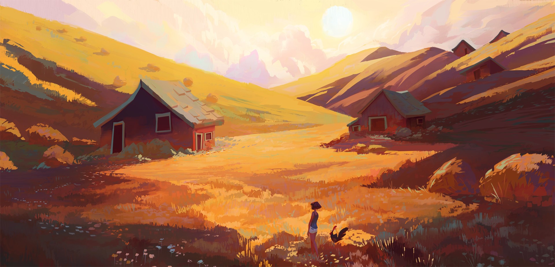 Concept art of a girl in a field with buildings and mountains HD Wallpaper