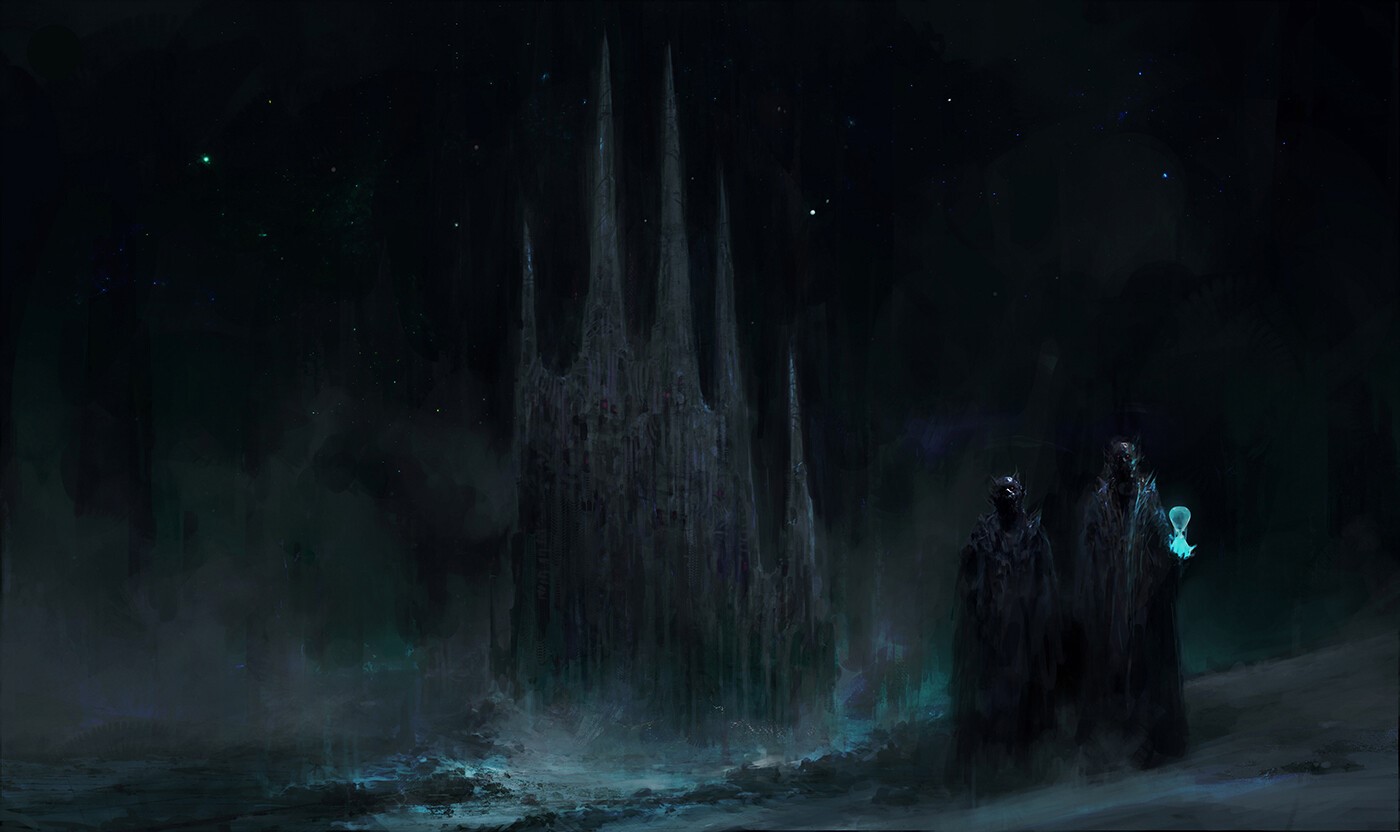 Two figures in dark robes stand before a dark castle under a starry sky. HD Wallpaper