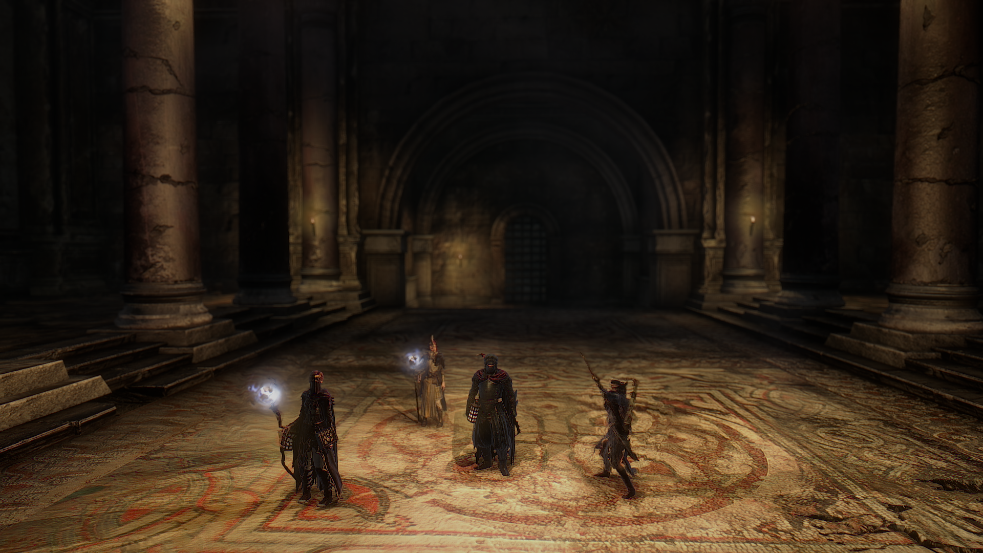 Characters in a dark, ornate hall in Dragon's Dogma: Dark Arisen HD Wallpaper