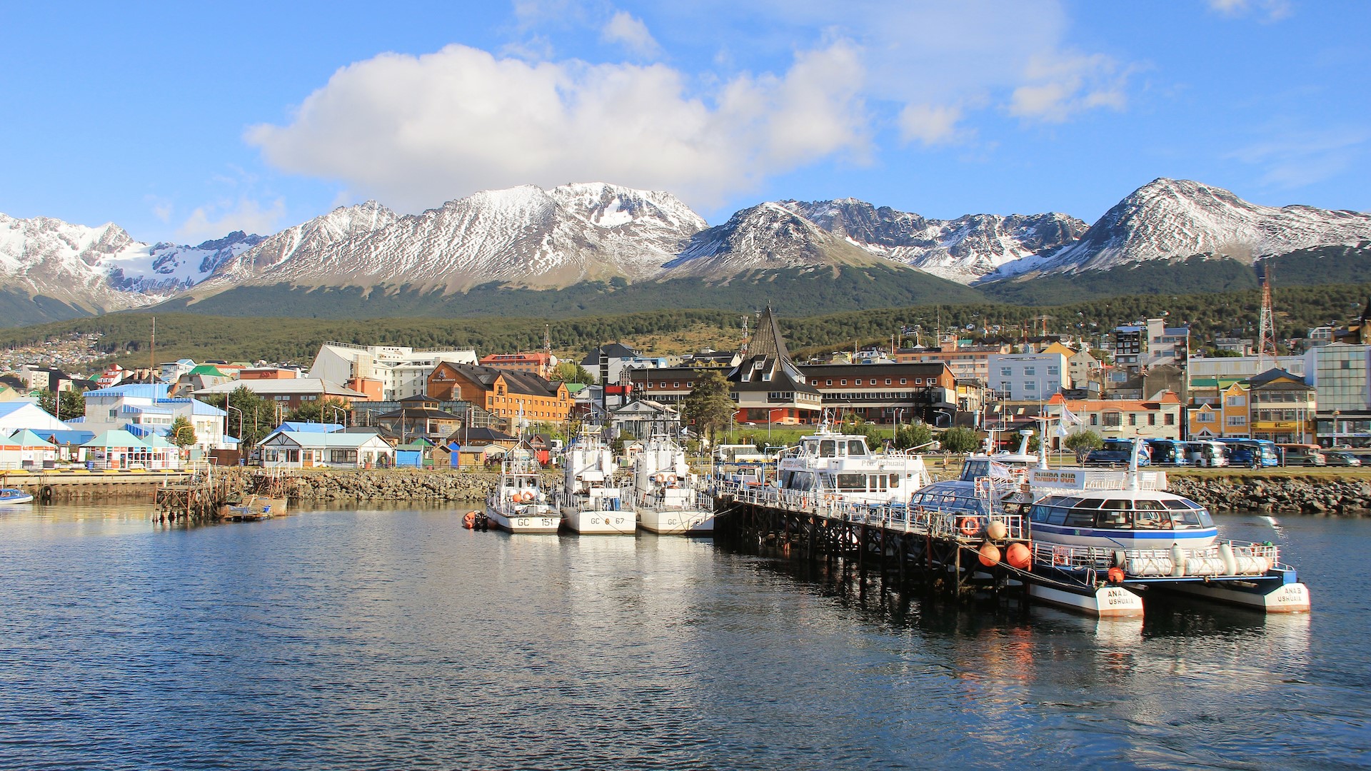 Ushuaia, Patagonia: Harbor with Boats and Snow-Capped Mountains HD Wallpaper