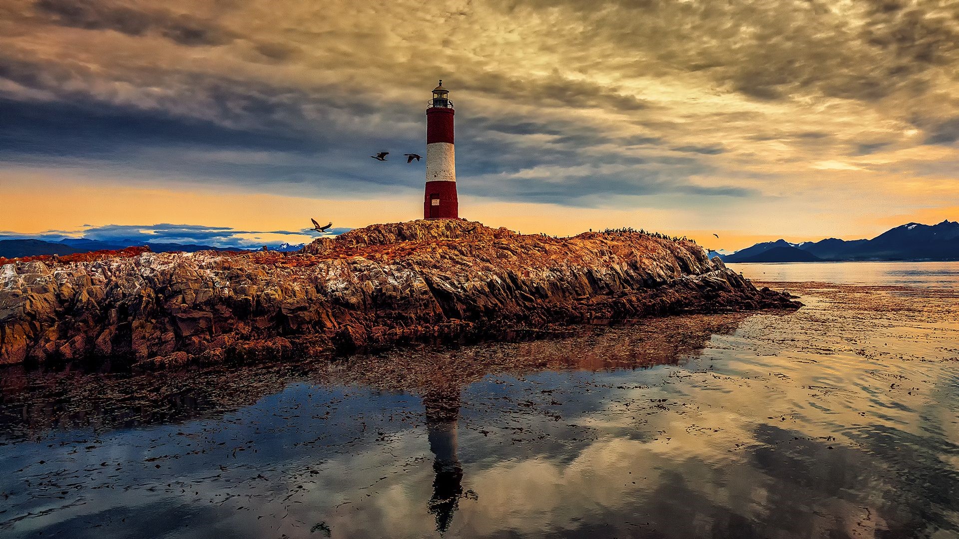 Lighthouse on a rocky island at Ushuaia, Patagonia HD Wallpaper