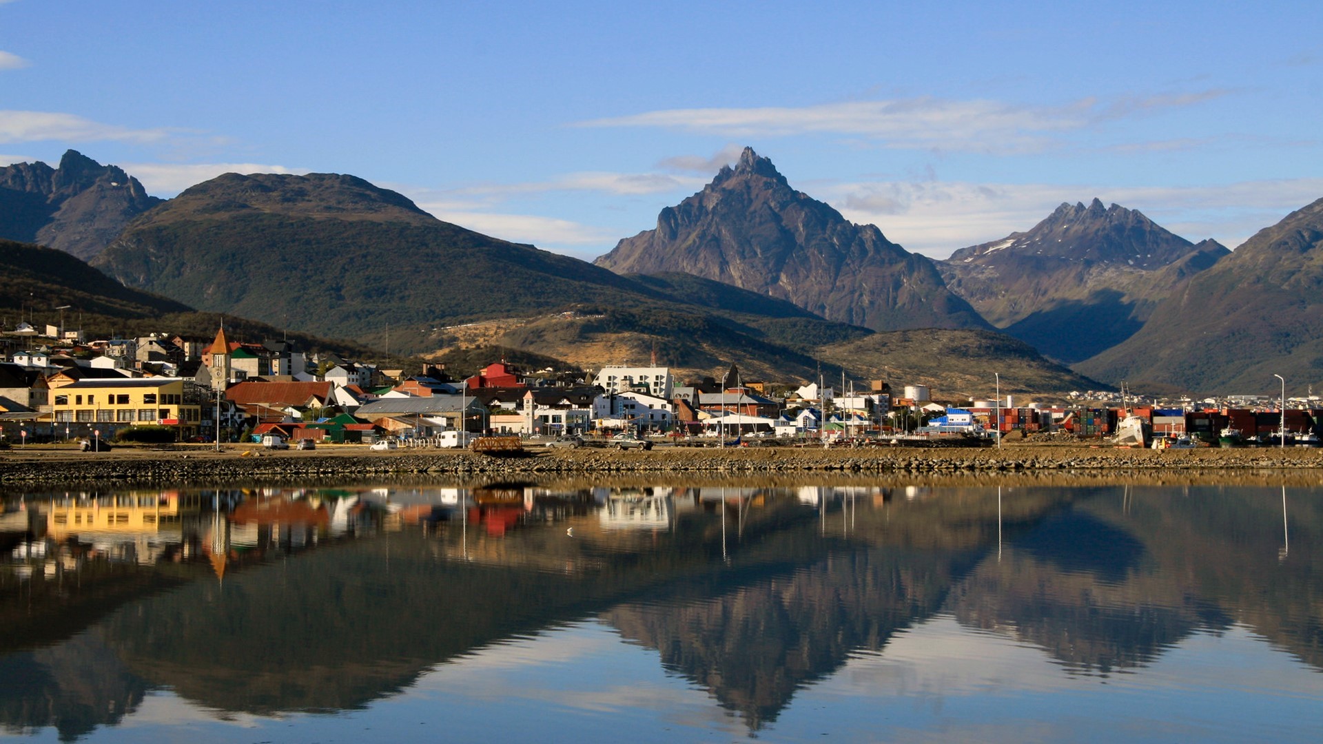 Ushuaia, Patagonia, with mountains and water reflection HD Wallpaper