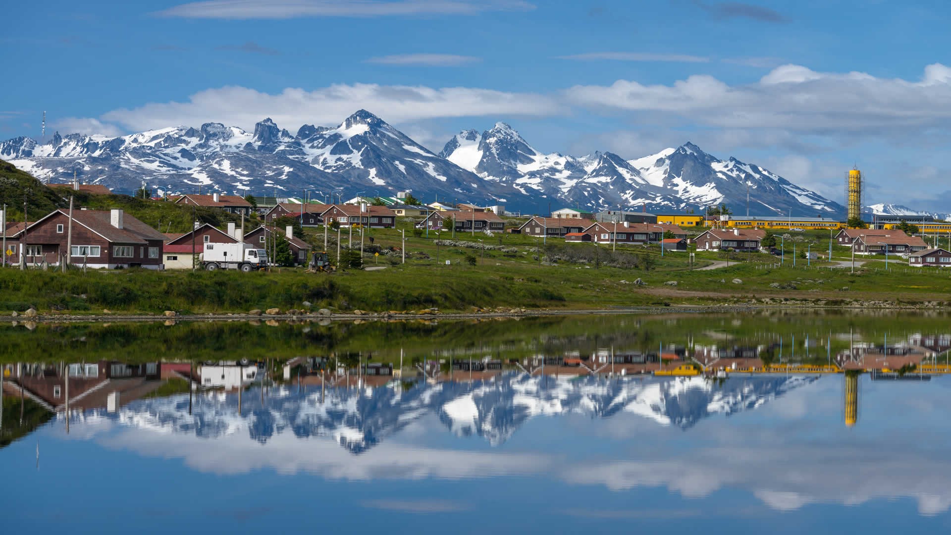 Ushuaia, Patagonia: Snowy Mountains and Lakeside Village HD Wallpaper