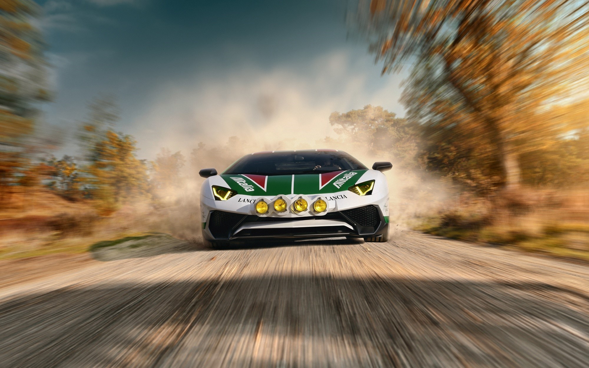 Lamborghini rally car driving on a dirt road HD Wallpaper