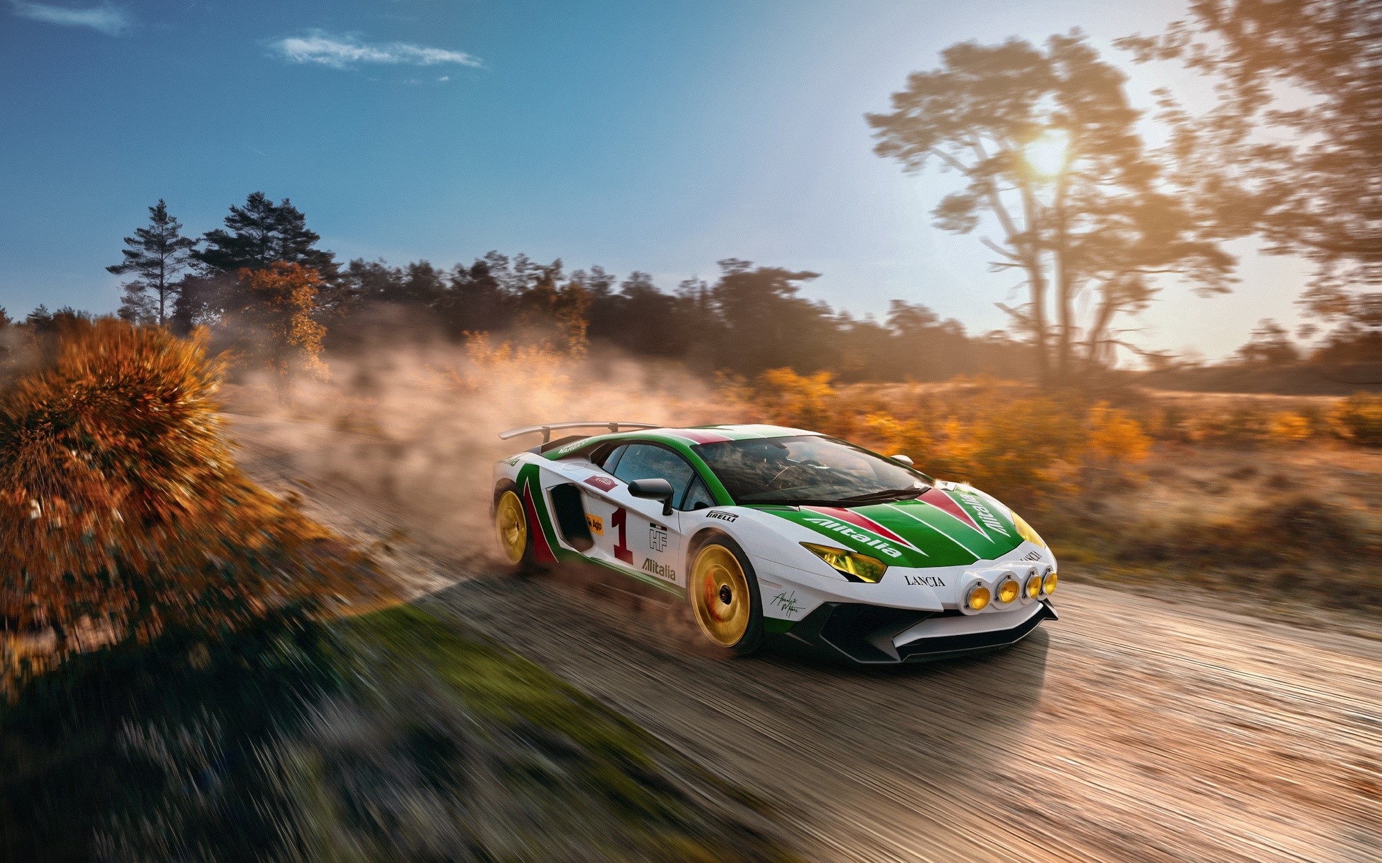 Lamborghini Aventador rally car on a dirt road HD Wallpaper