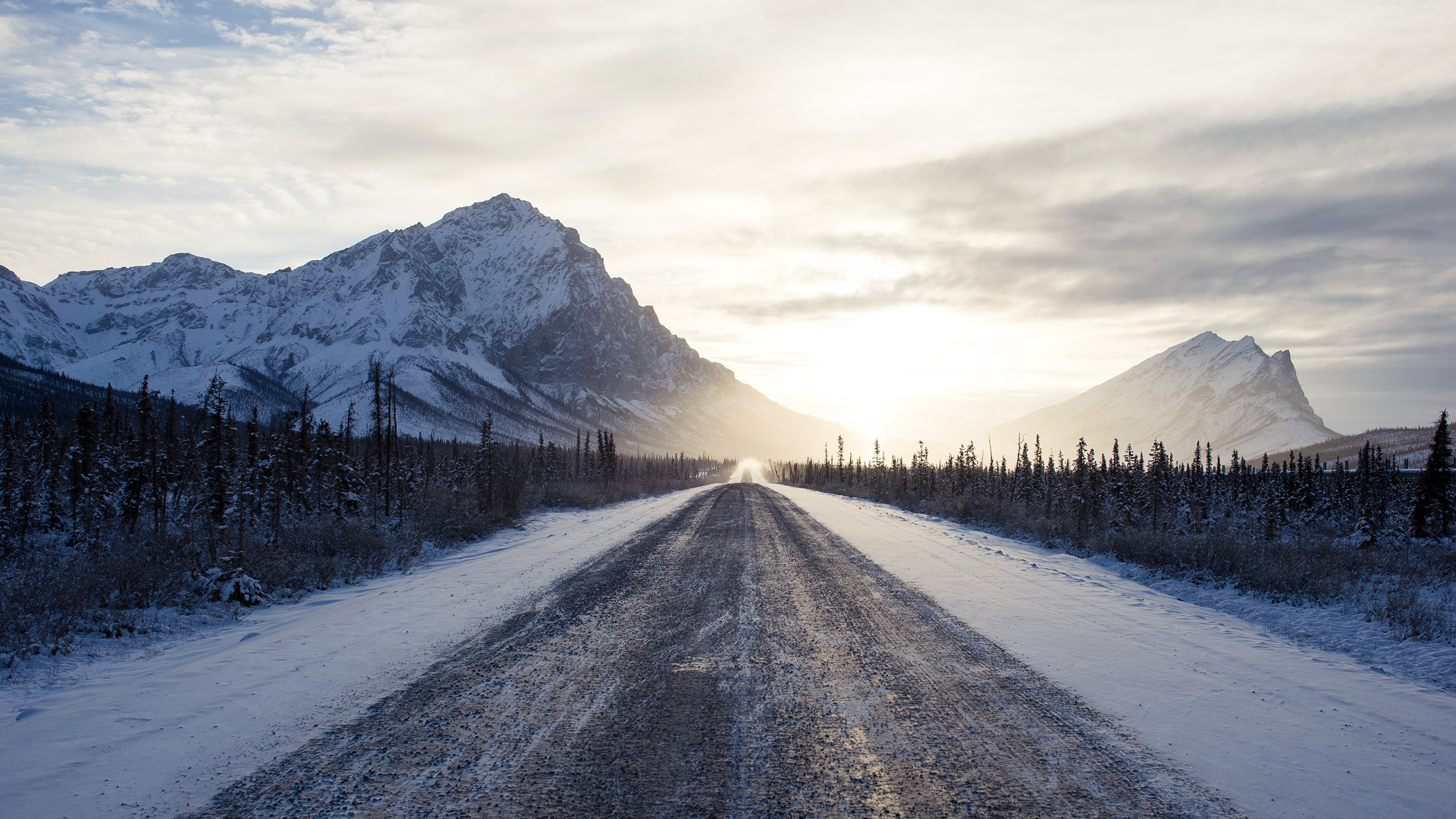 Snowy mountain road with trees in winter HD Wallpaper