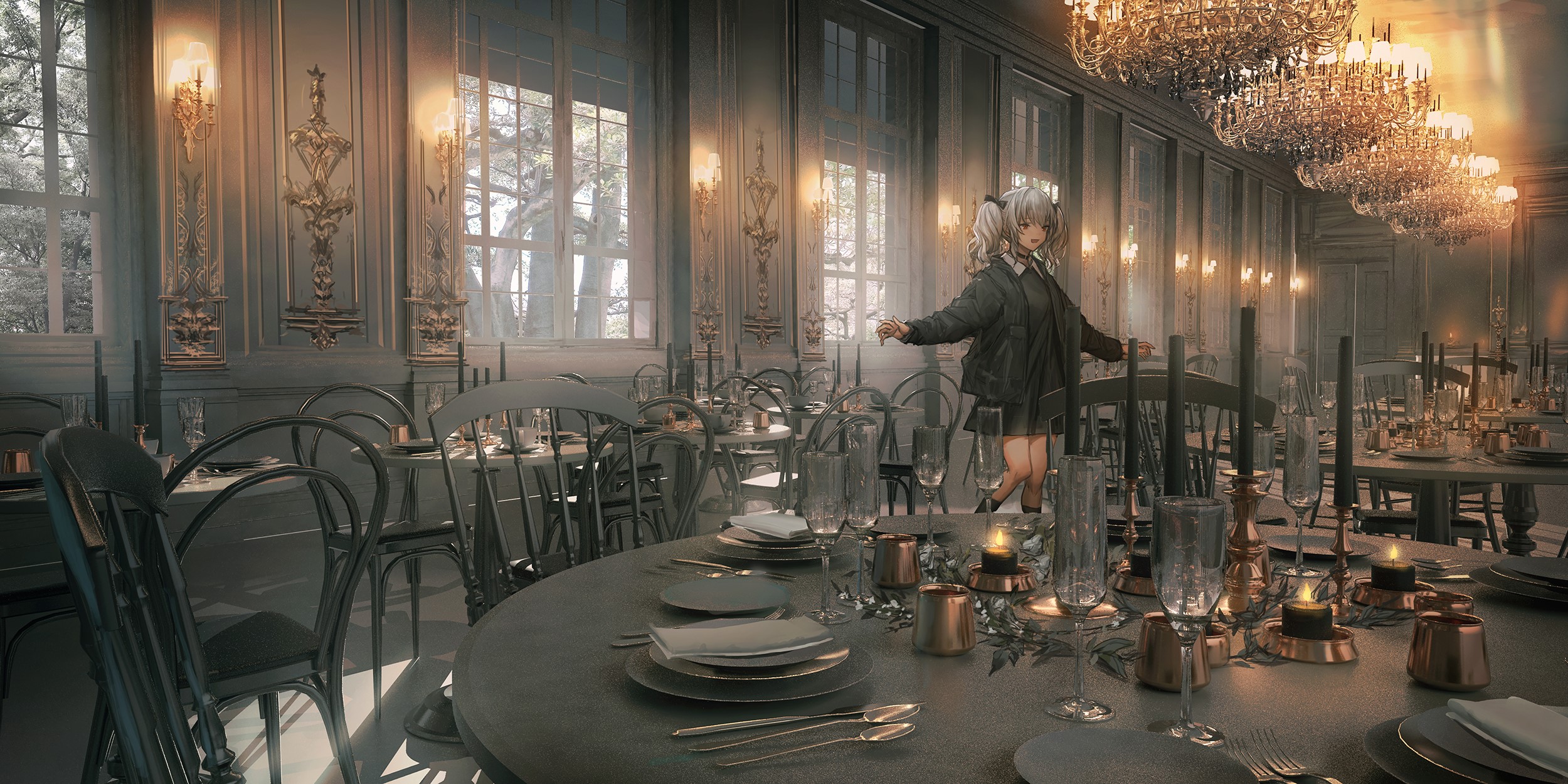 Anime girl in formal dining room with chandeliers HD Wallpaper