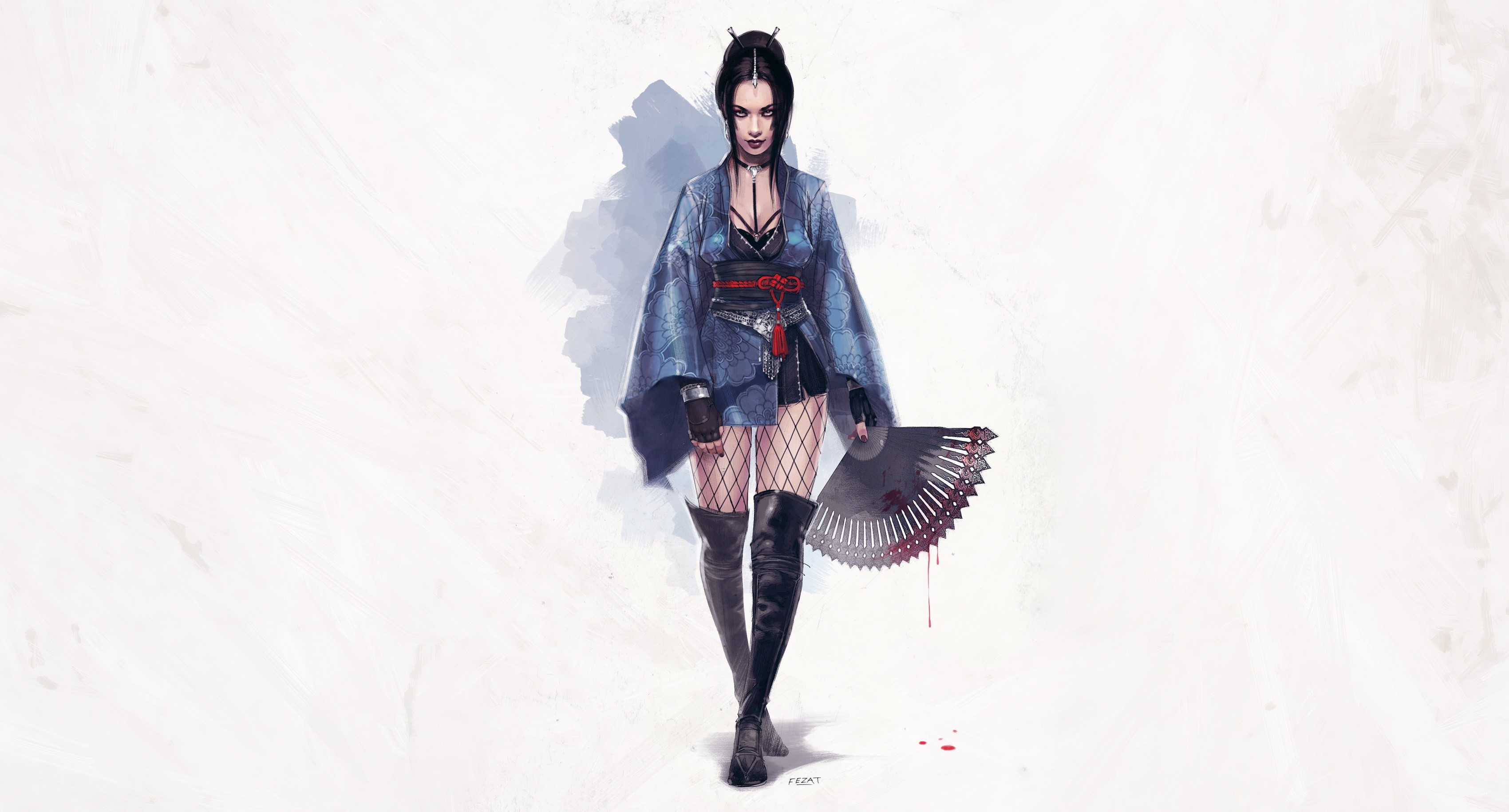 Woman in blue kimono holding a bloody fan HD Wallpaper