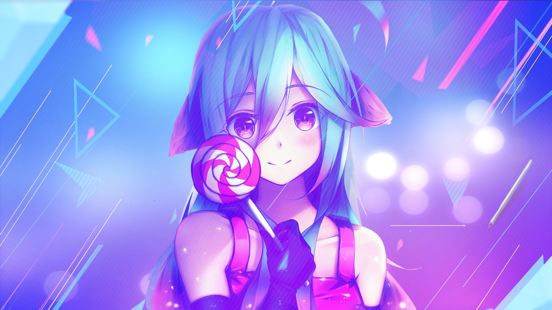 Anime girl with blue hair holding a lollipop HD Wallpaper