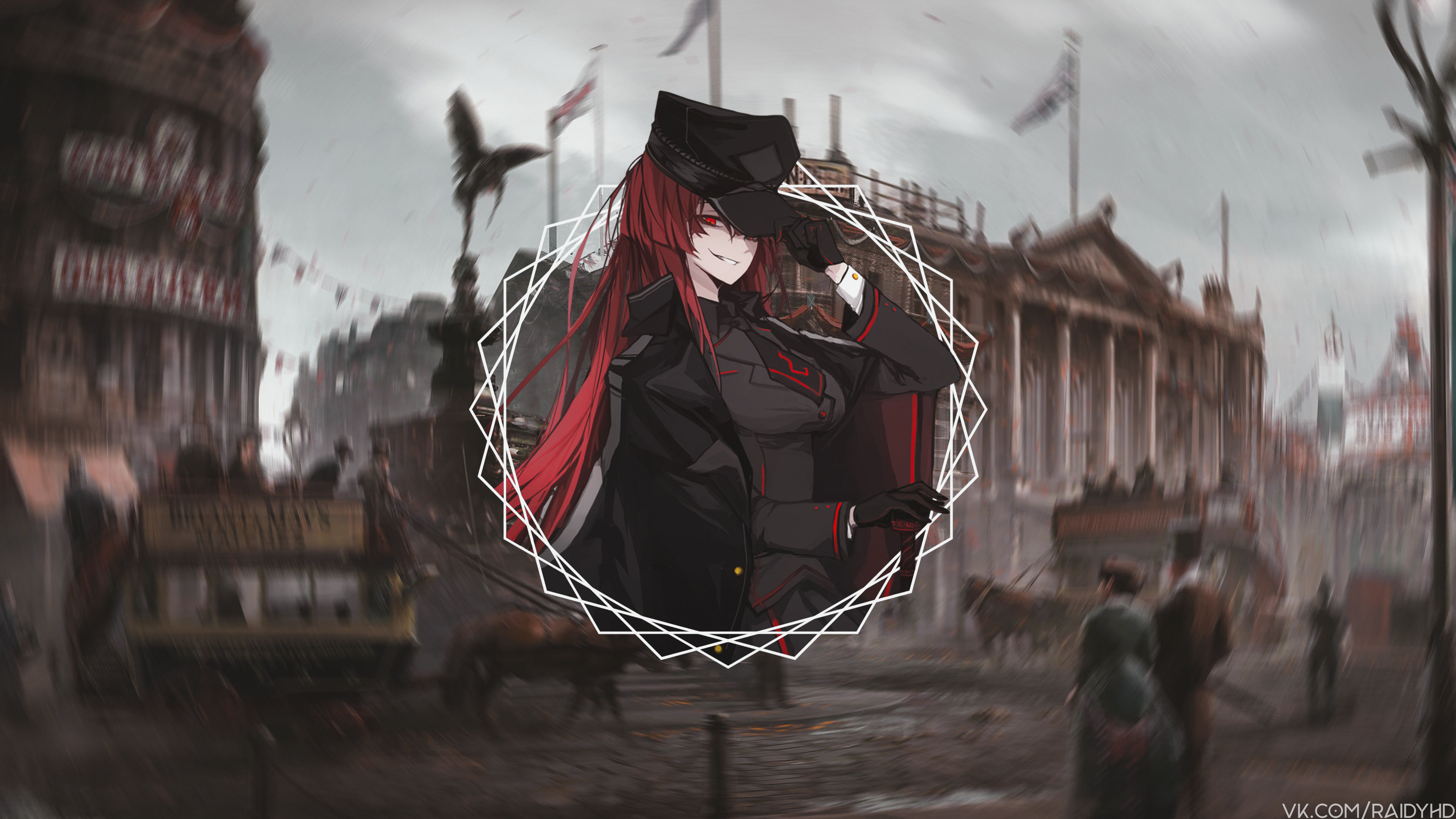 Anime girl in military uniform in Victorian city HD Wallpaper