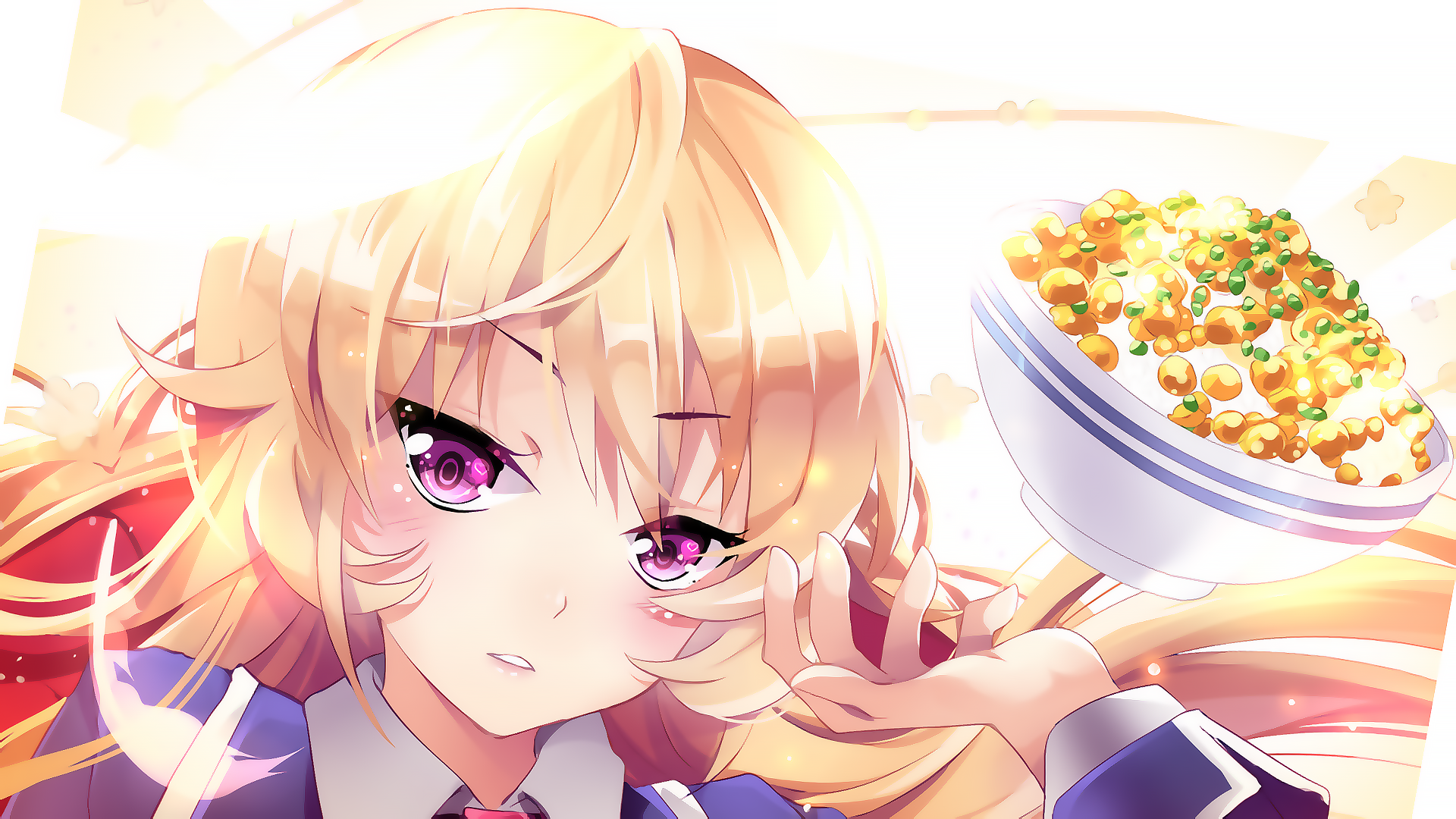 Anime girl with blonde hair and purple eyes holding food HD Wallpaper