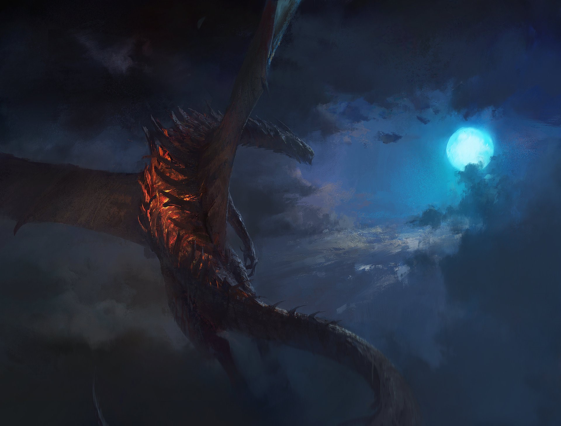 Dragon flying in front of a blue moon HD Wallpaper