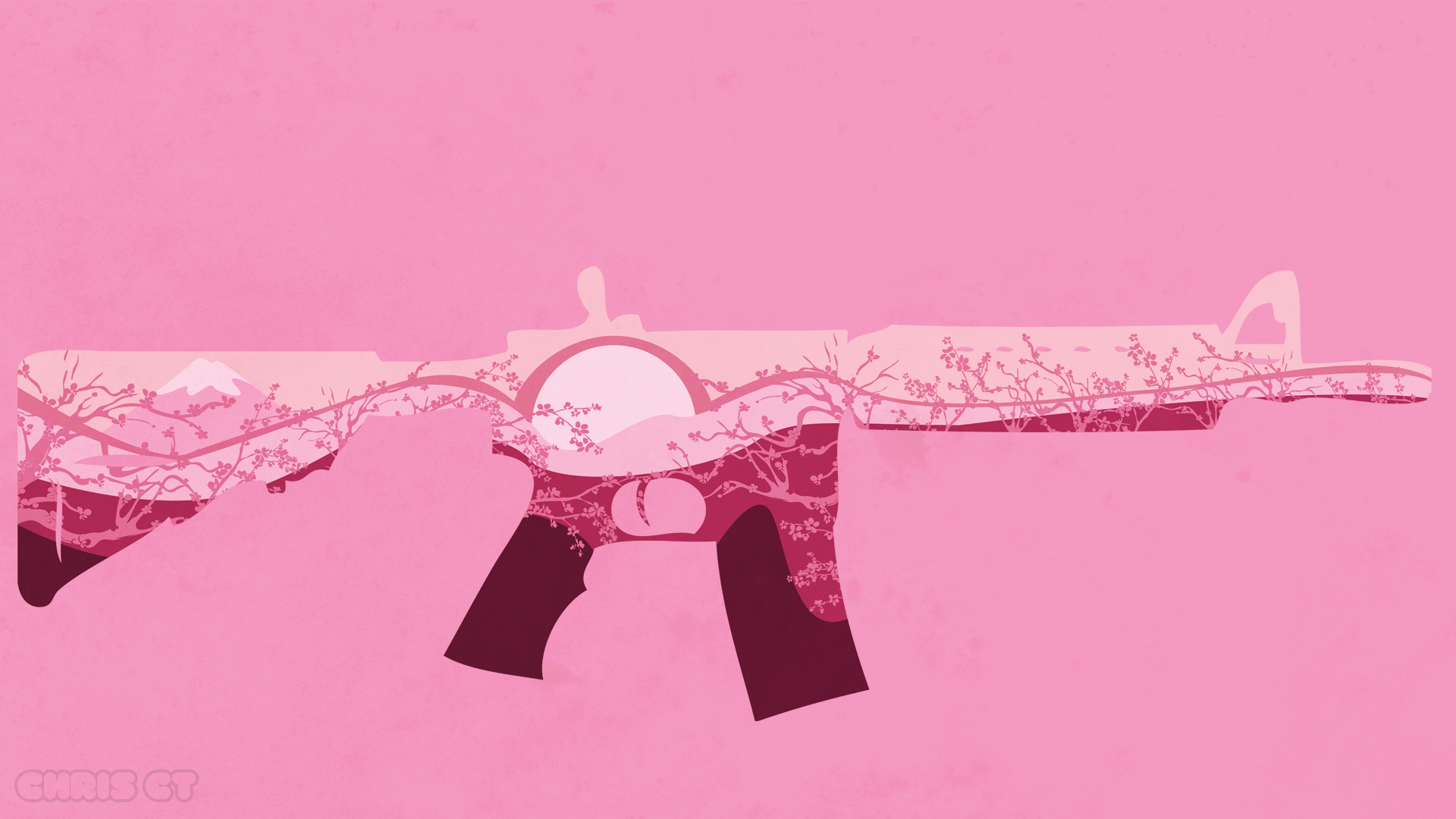Assault rifle silhouette with cherry blossoms and mountains HD Wallpaper