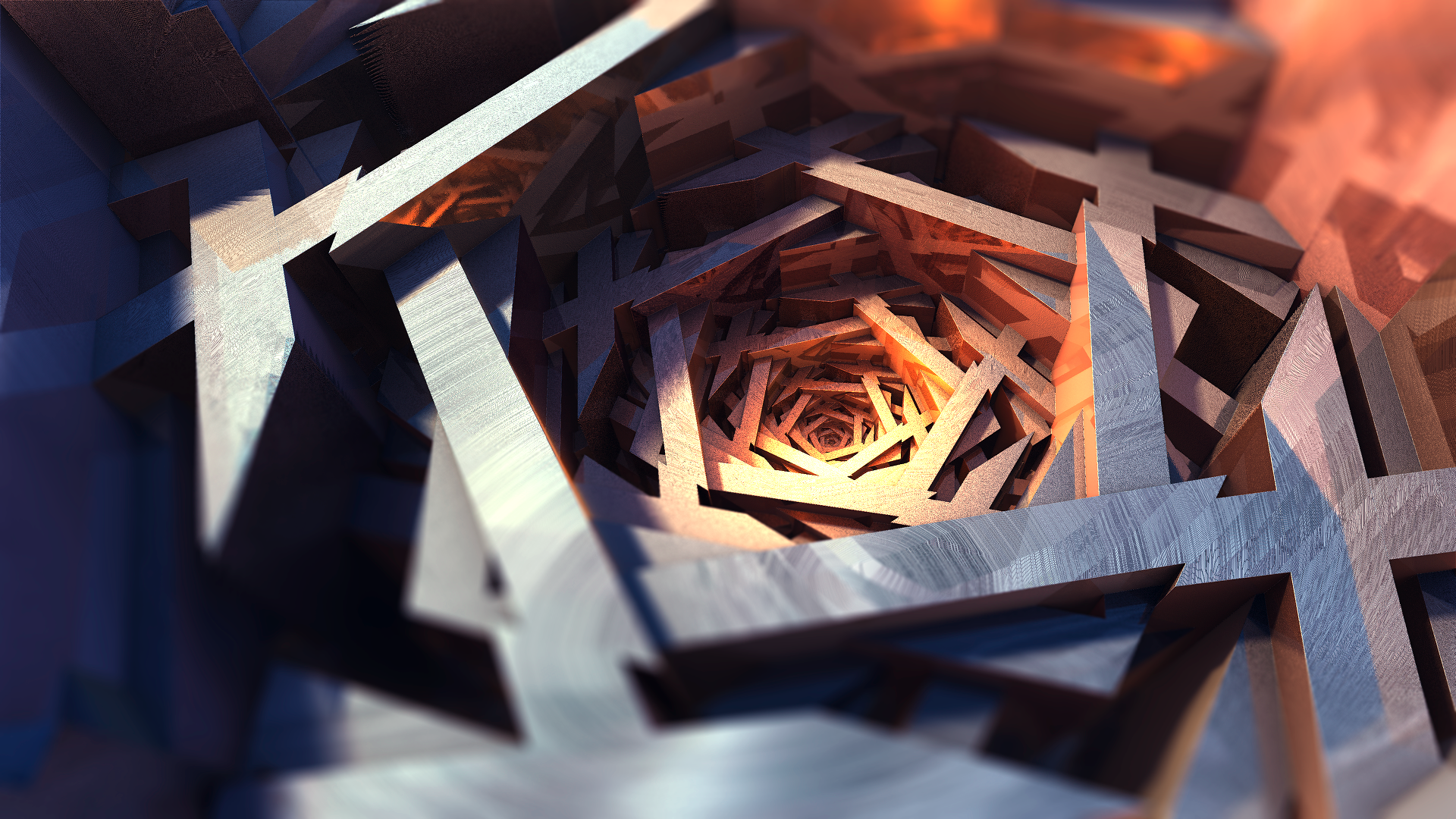 Geometric fractal tunnel with metallic and orange hues HD Wallpaper