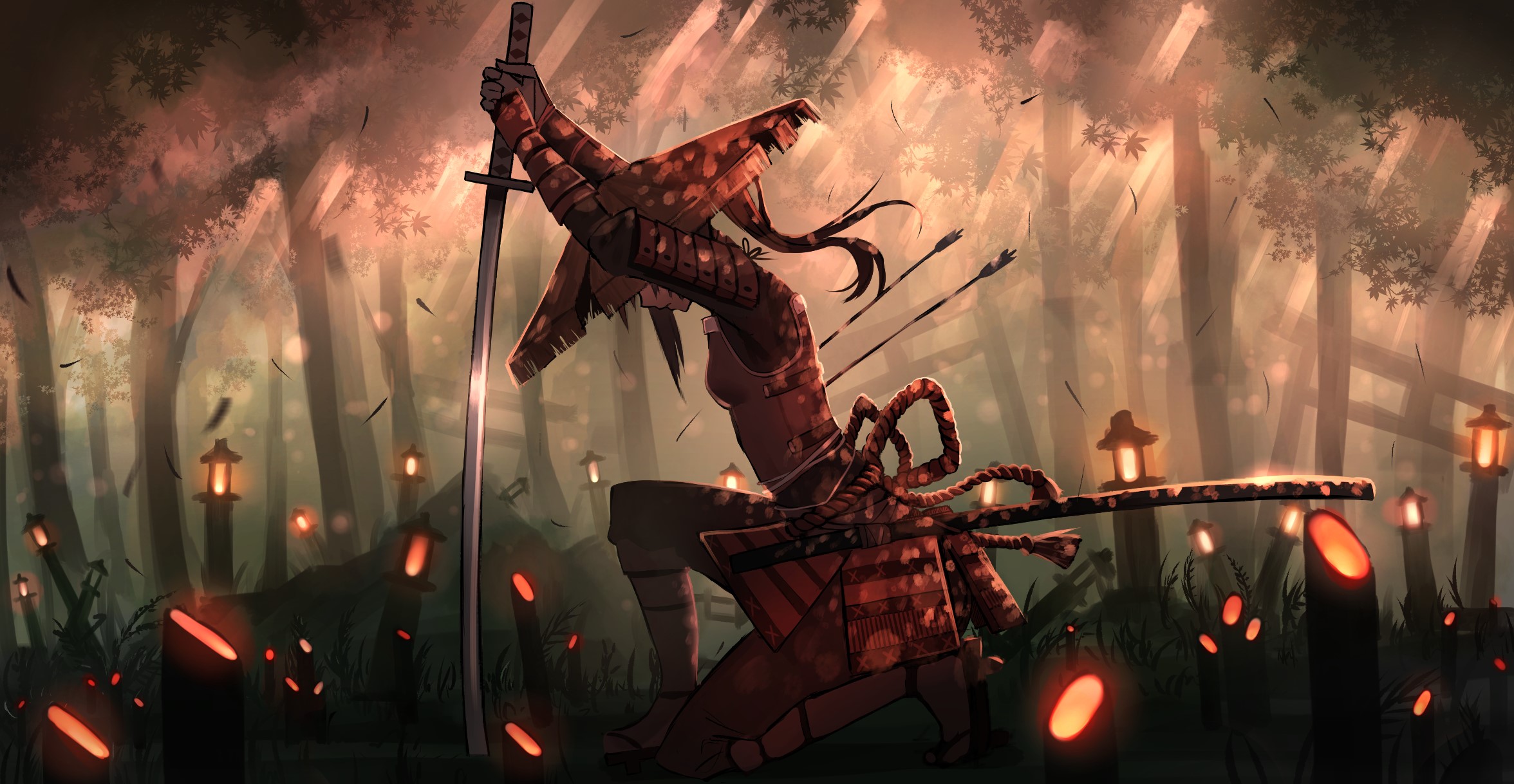 Samurai warrior in a forest with lanterns HD Wallpaper