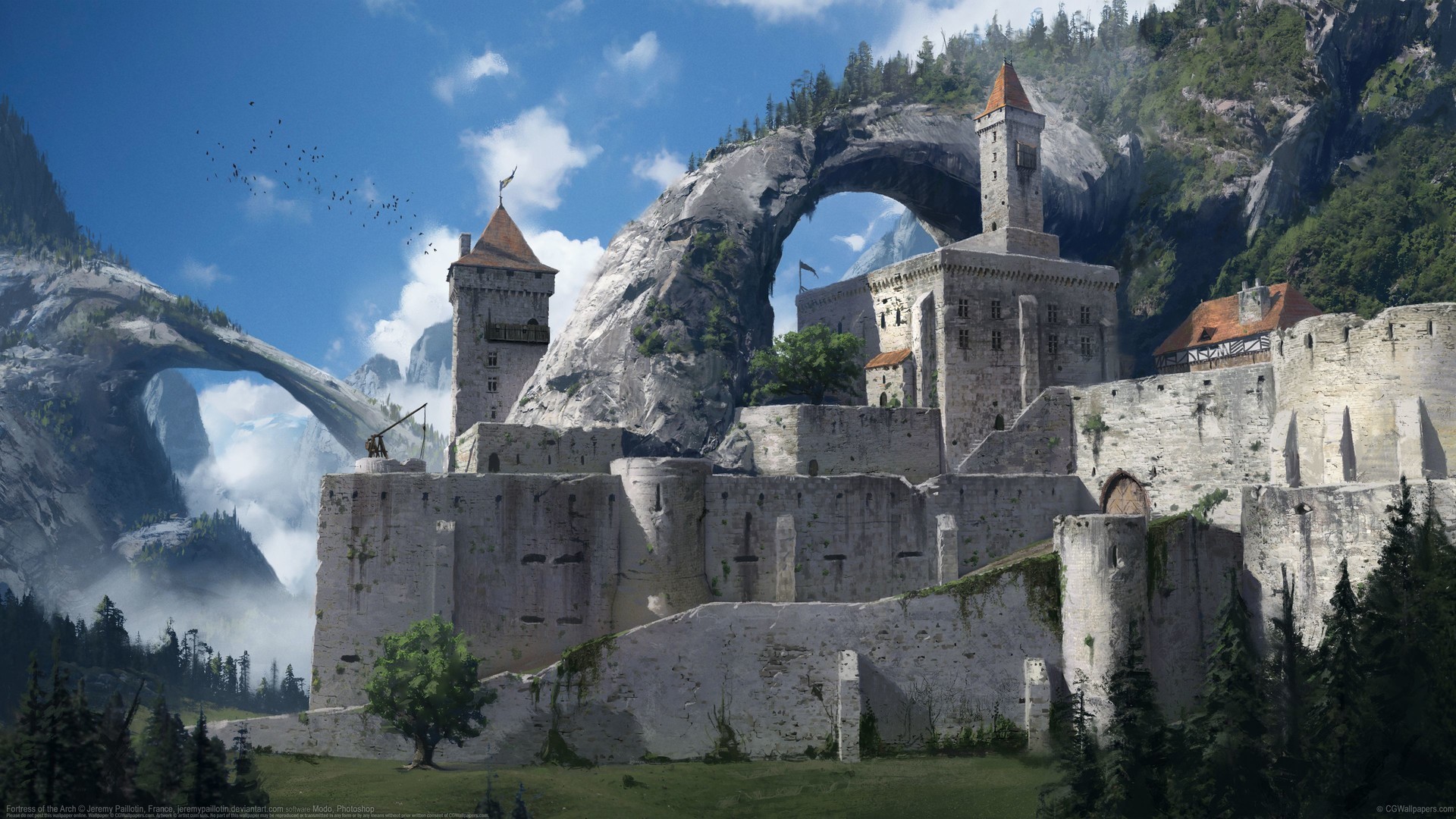 Fantasy castle built into a rocky mountain arch HD Wallpaper