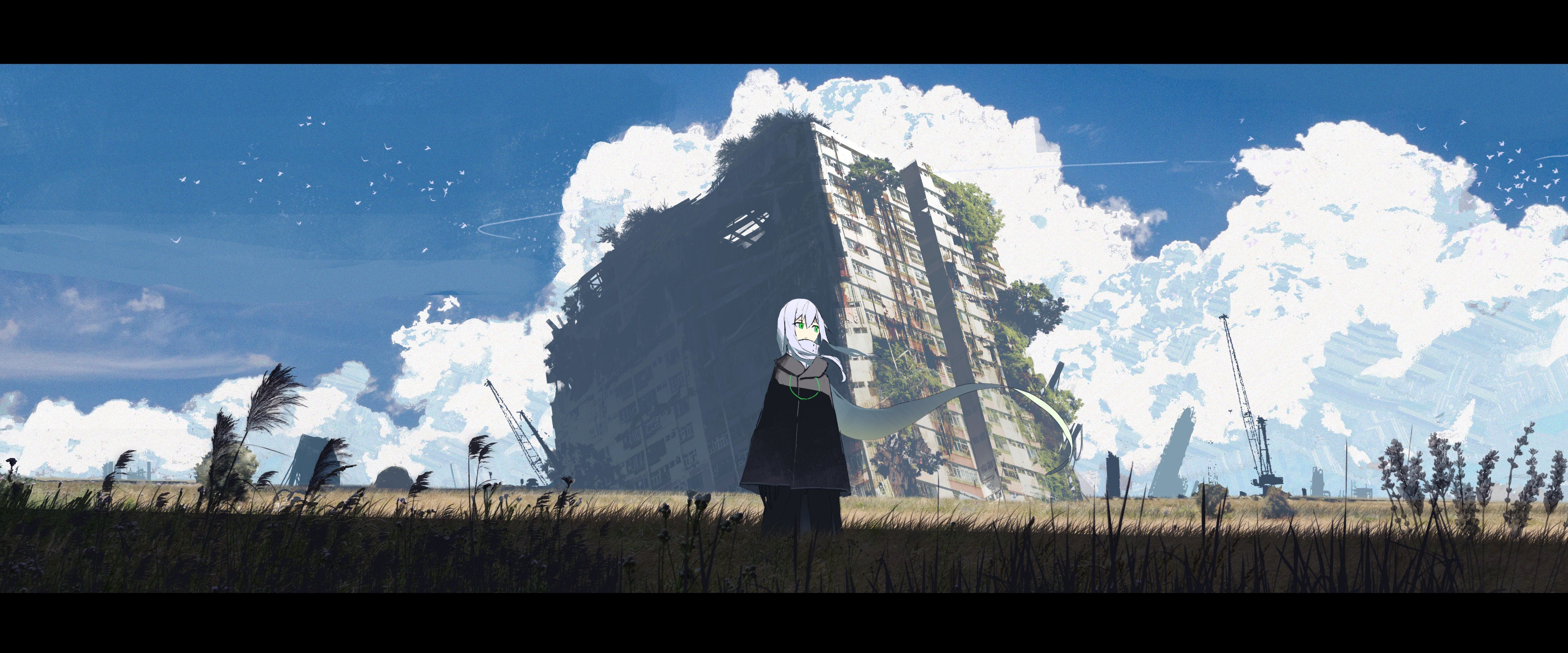4K abandoned overgrown building with clouds and field HD Wallpaper
