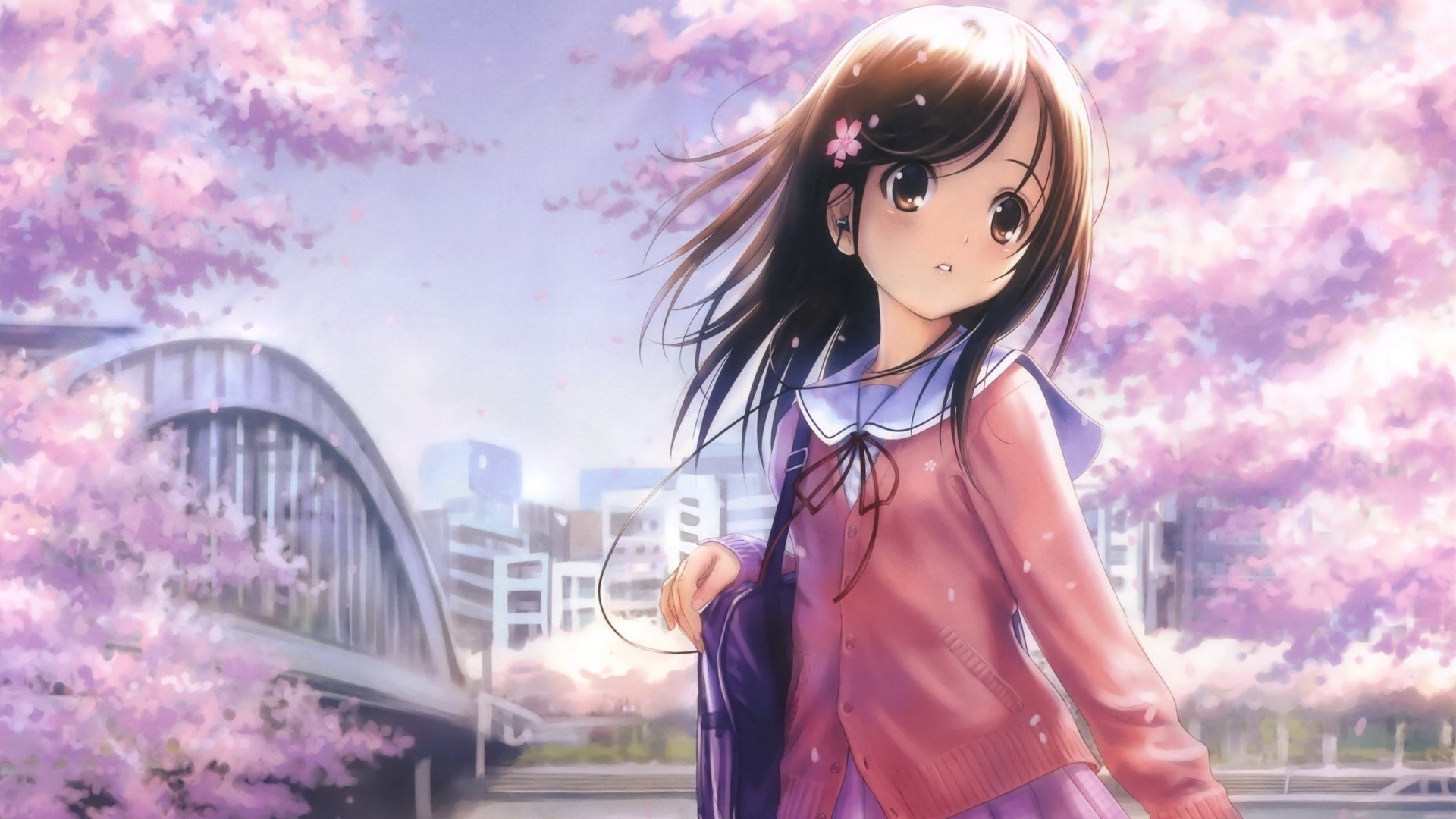 Anime girl in school uniform under cherry blossoms HD Wallpaper