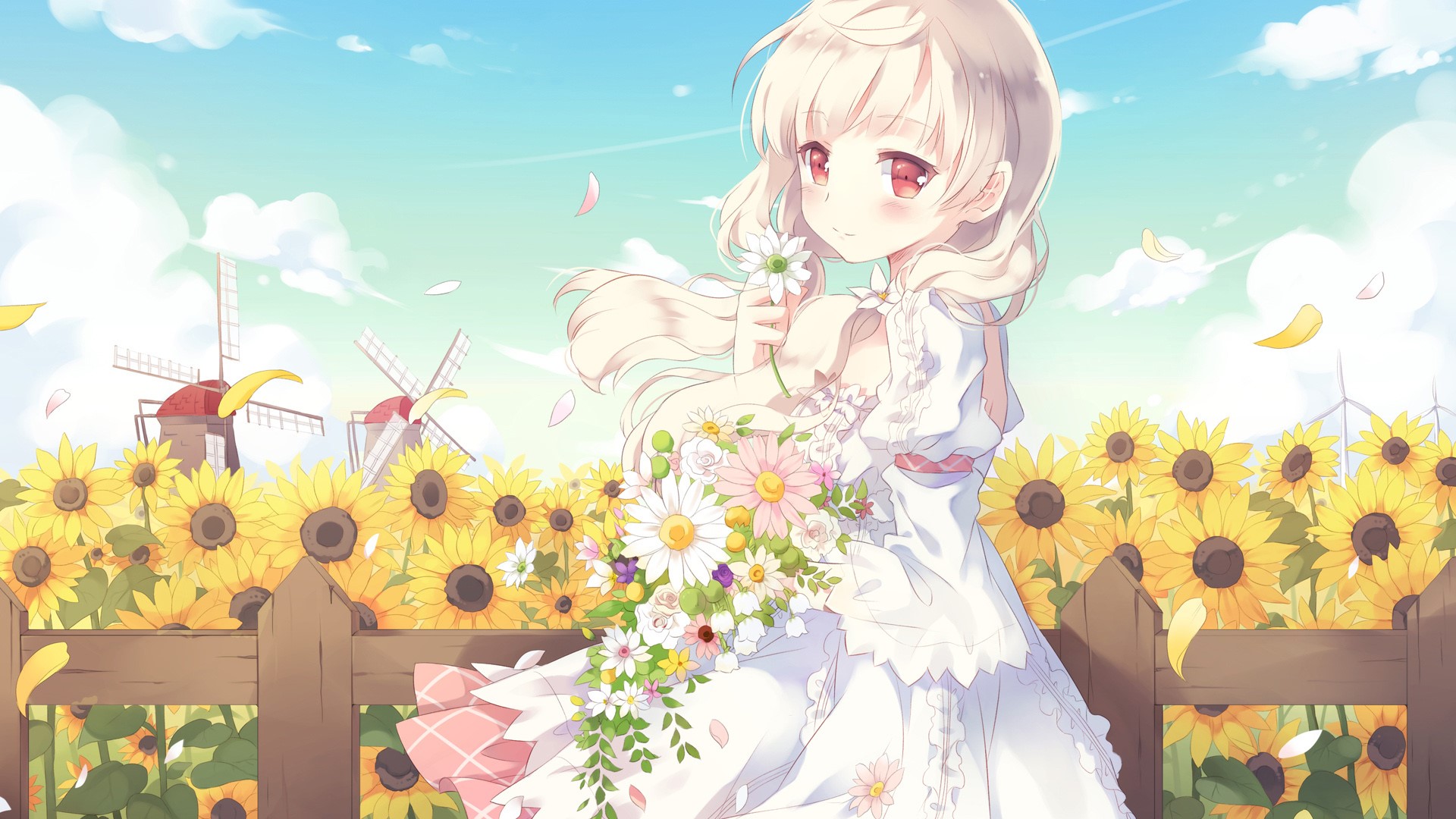 Anime girl with blonde hair and red eyes in a sunflower field HD Wallpaper