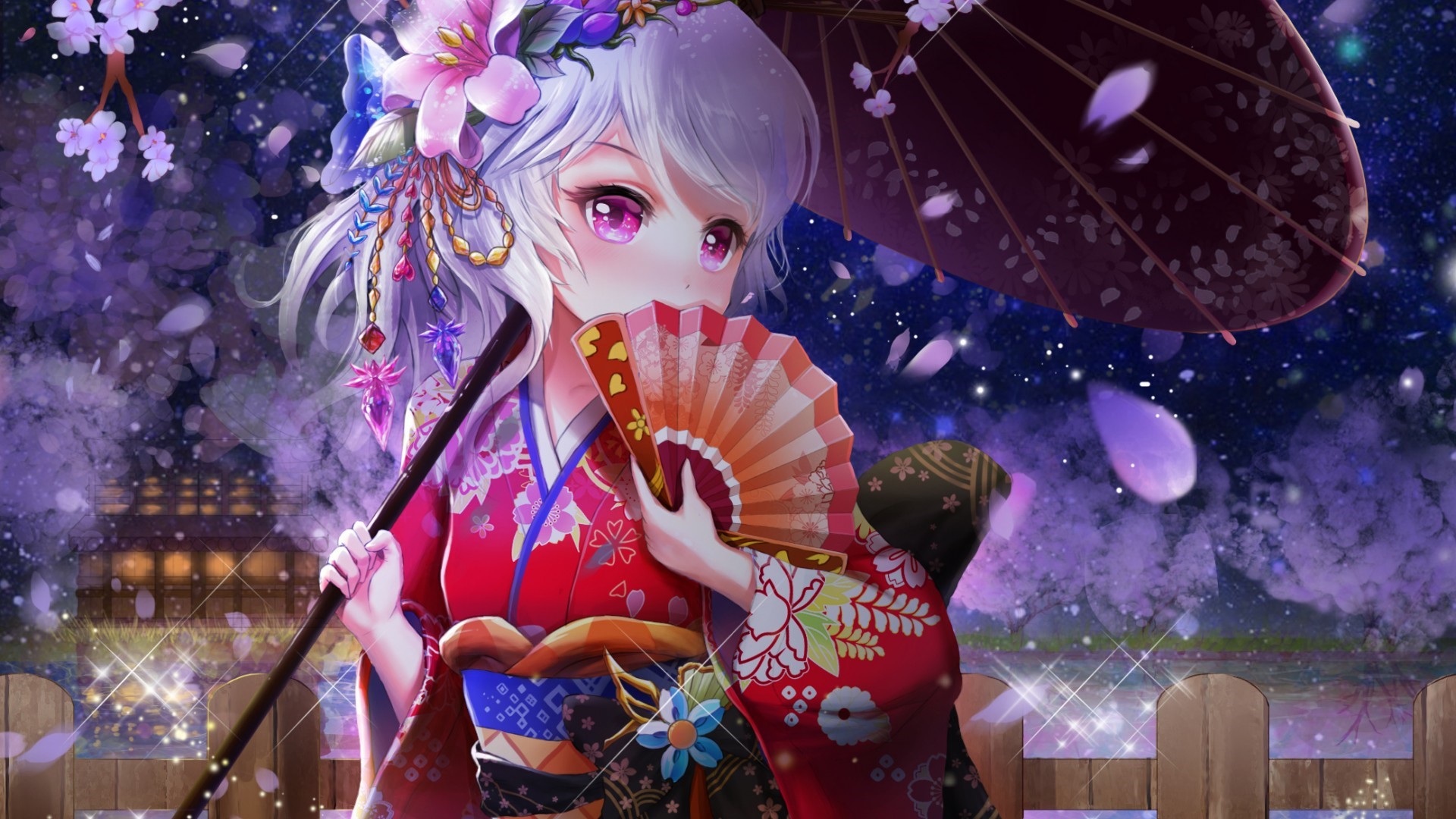 Anime girl in kimono with umbrella and fan HD Wallpaper