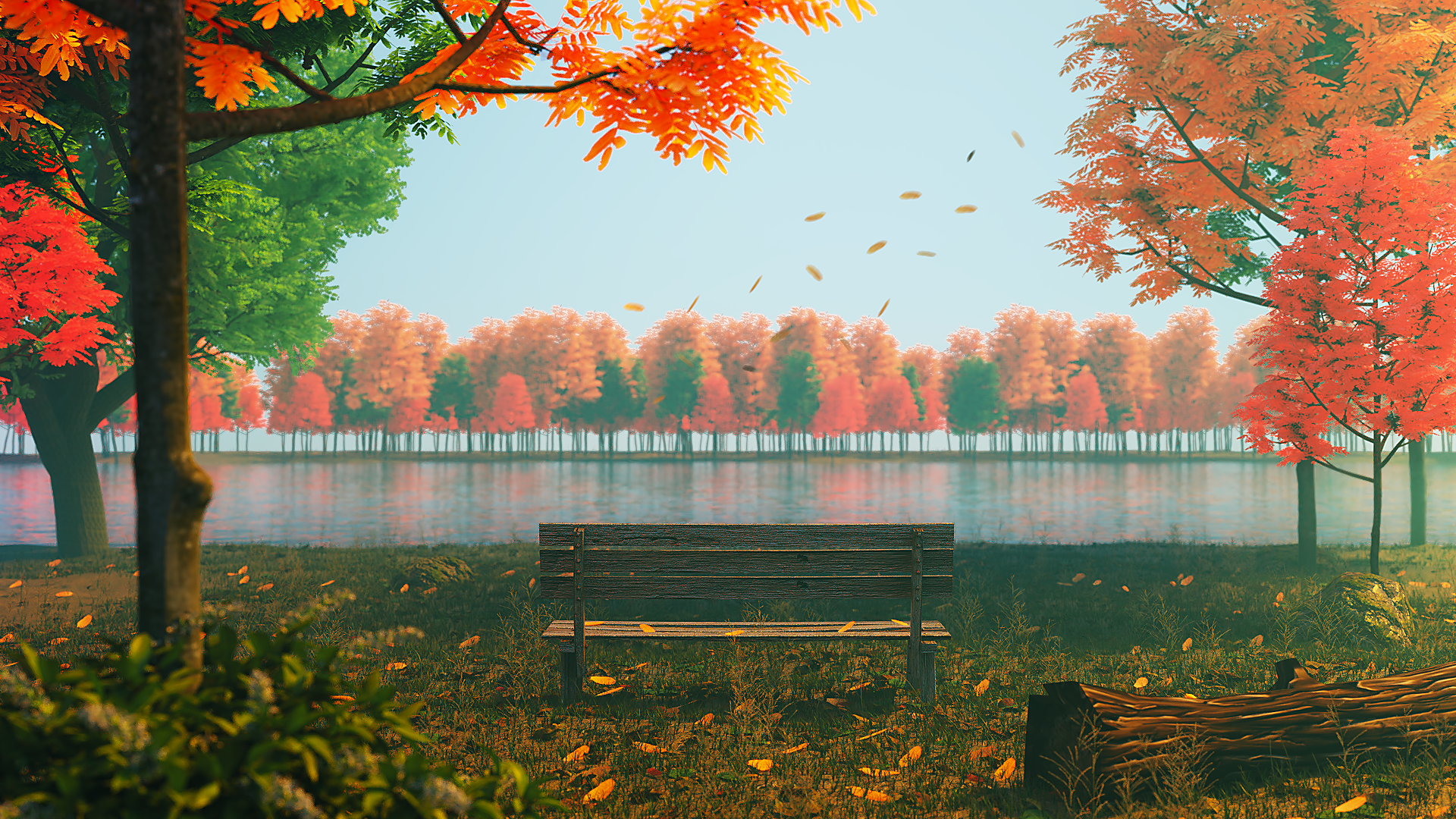 Autumn park with a bench by the lake HD Wallpaper