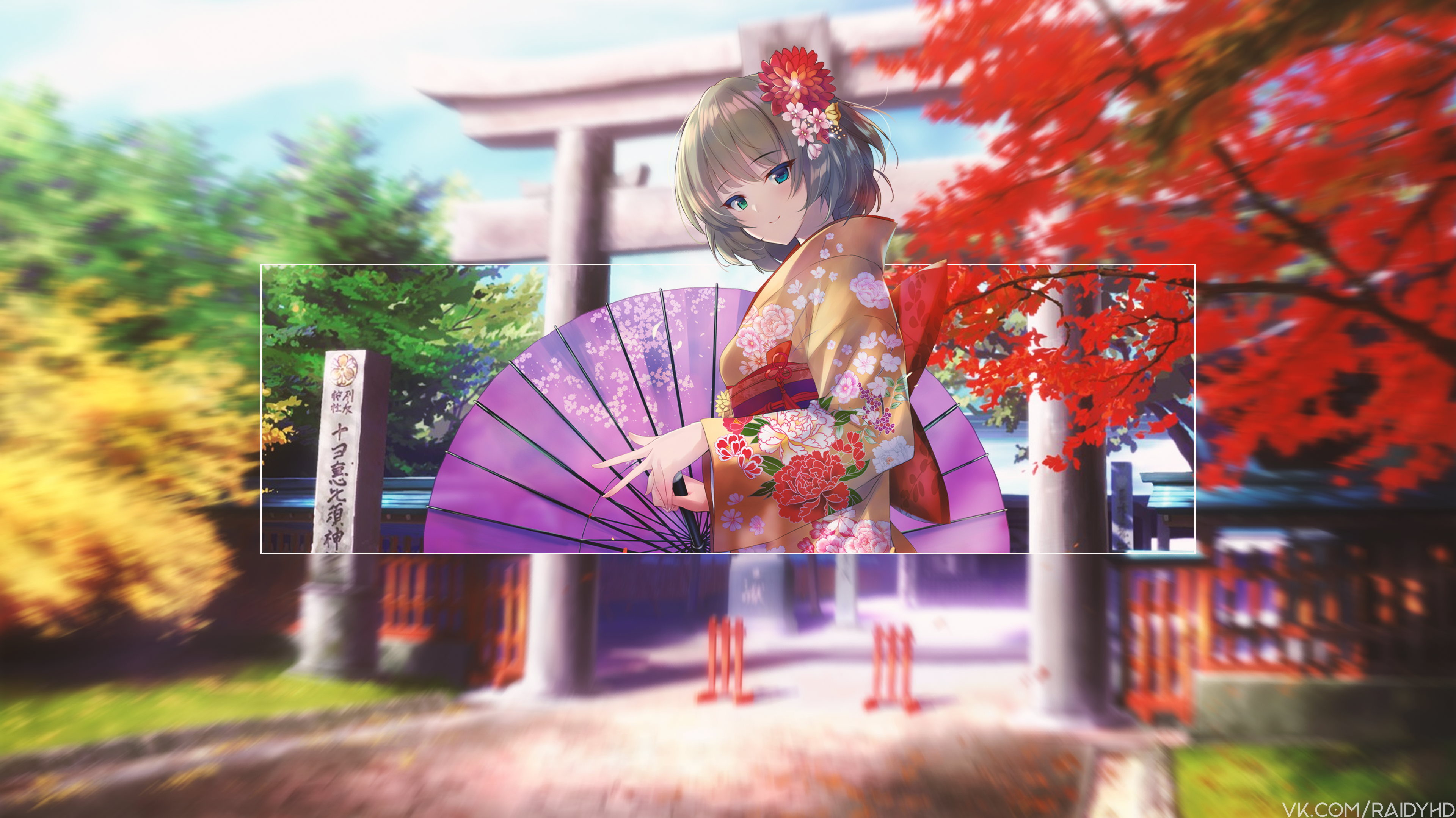 Anime girl in kimono with umbrella at temple HD Wallpaper