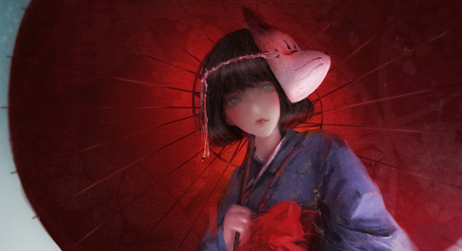 Girl in Kimono with Fox Mask and Red Umbrella HD Wallpaper