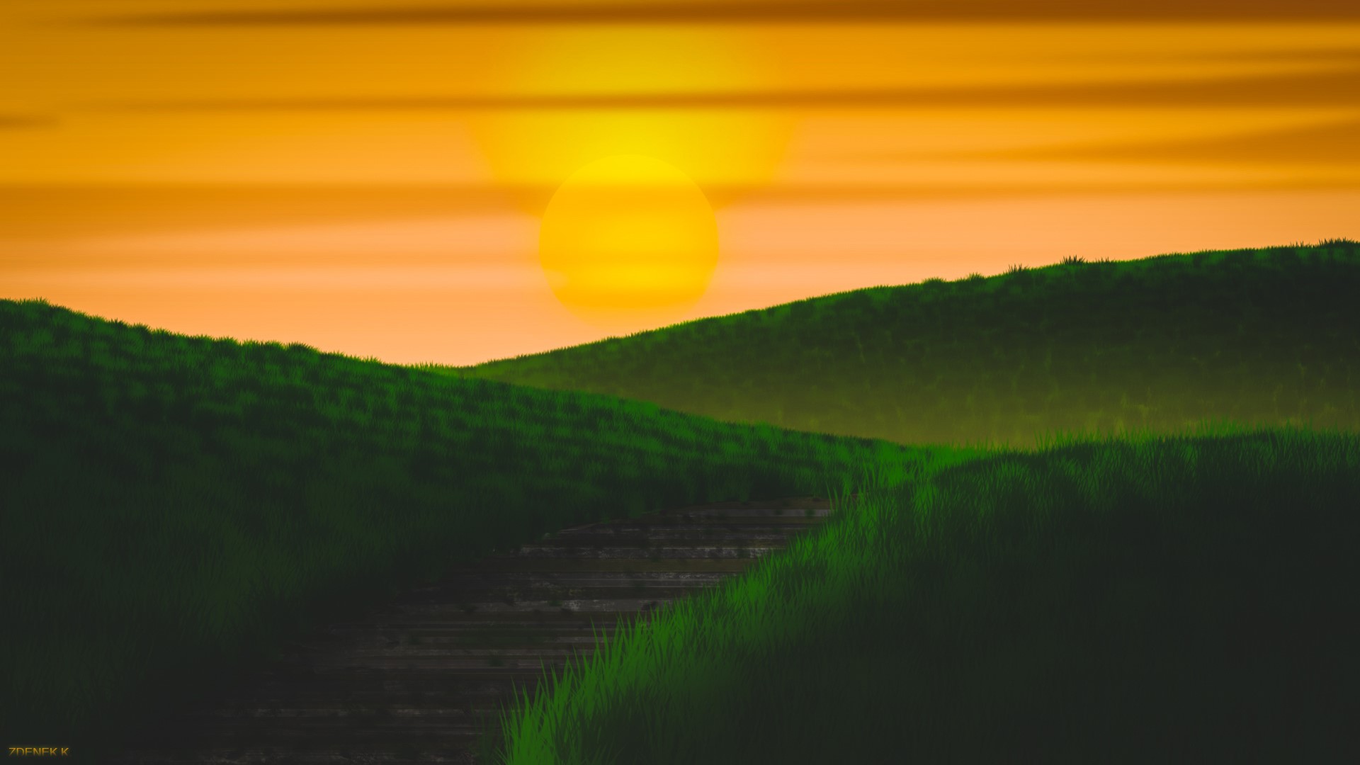 Sunset over rolling green hills with a path HD Wallpaper