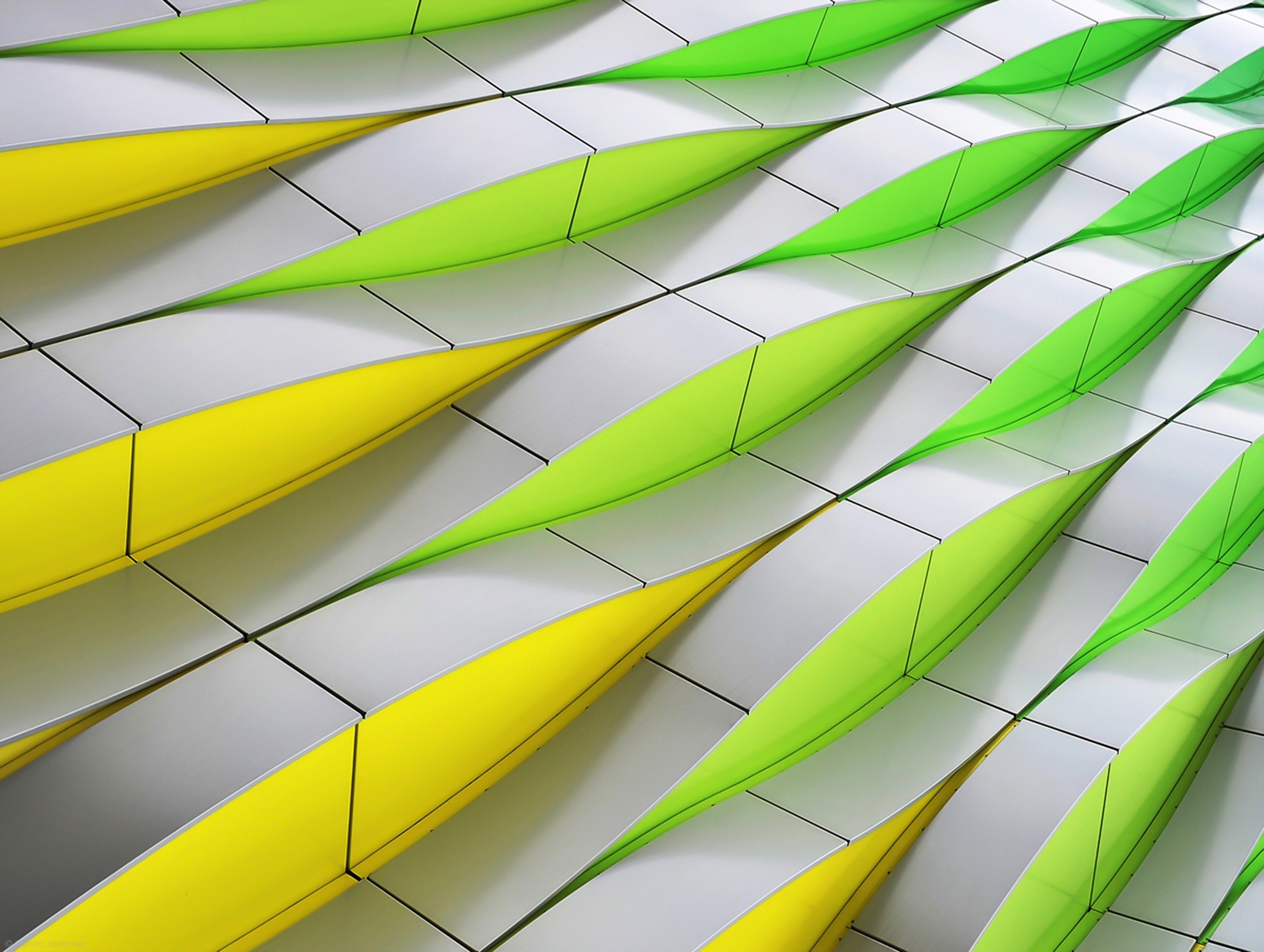 Abstract architectural facade with yellow and green elements HD Wallpaper