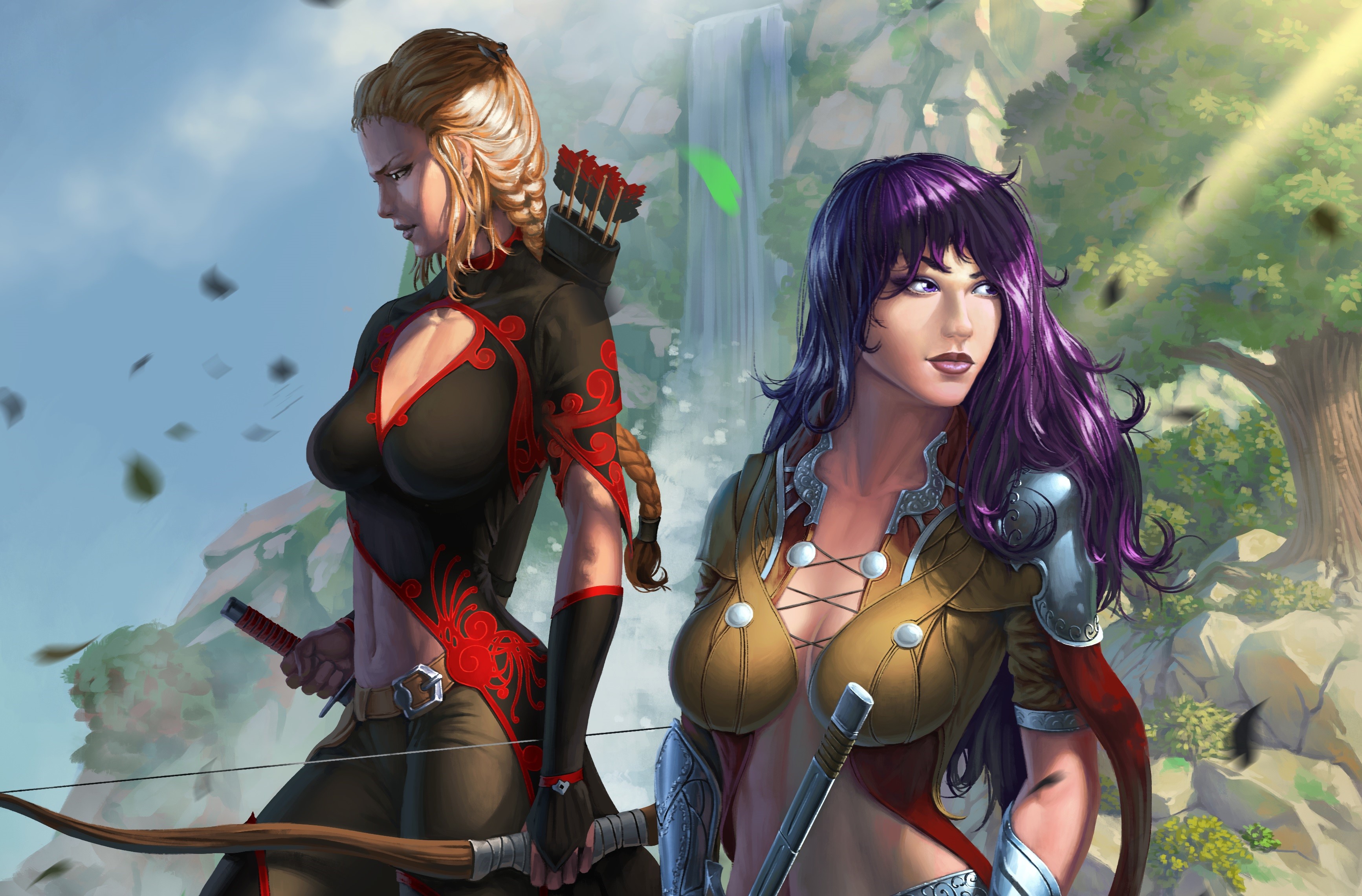 Two female warriors with bows and swords in a fantasy landscape HD Wallpaper