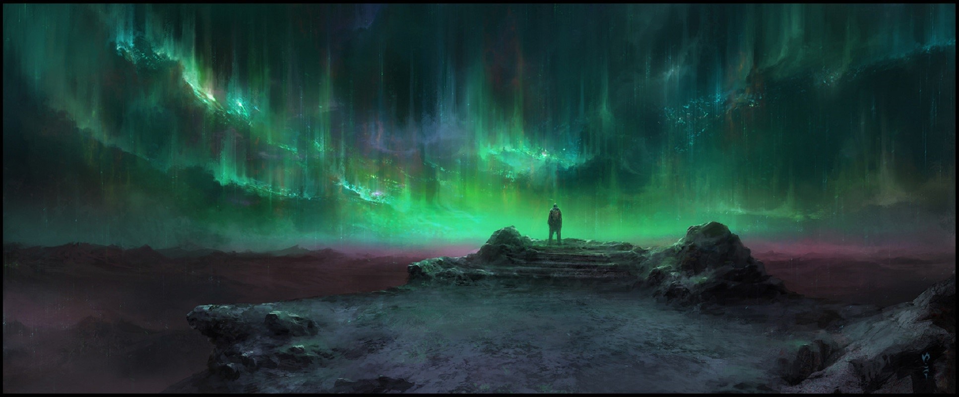 Man watching aurorae from a cliff HD Wallpaper