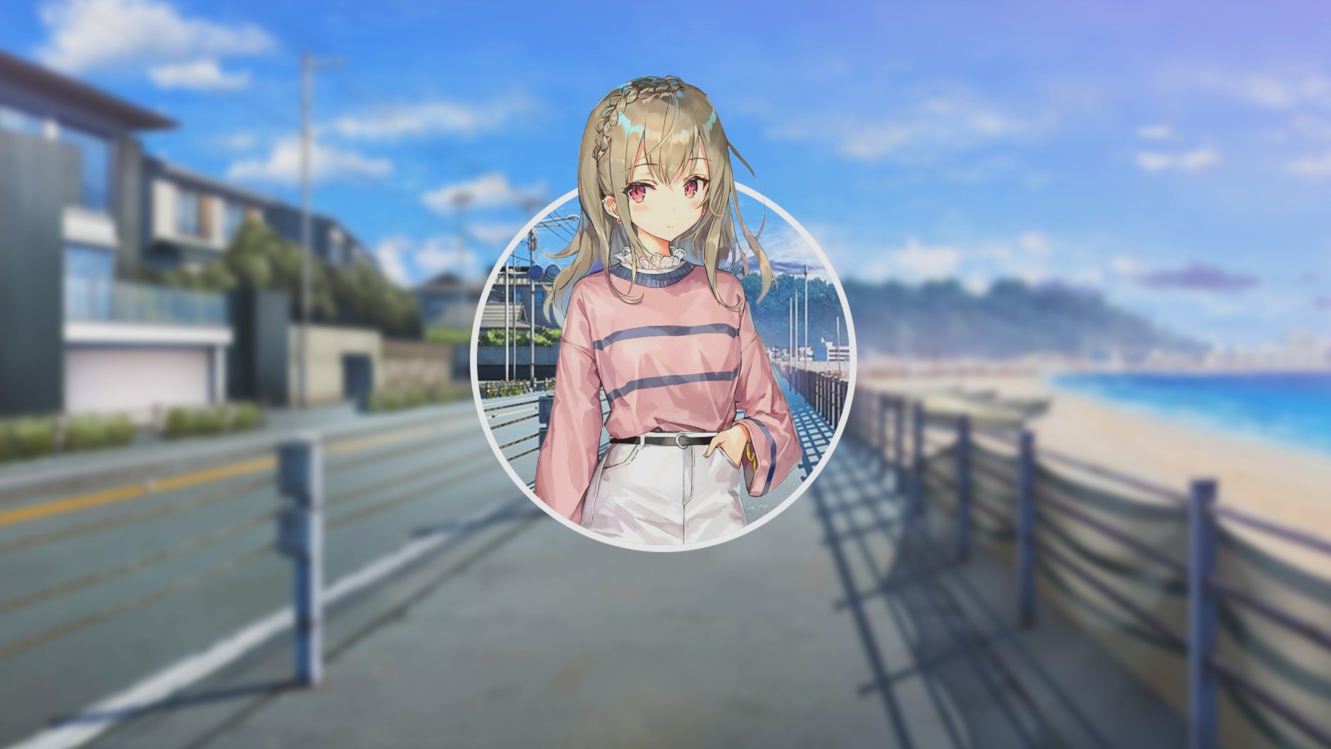 Anime girl in pink sweater on beach road HD Wallpaper