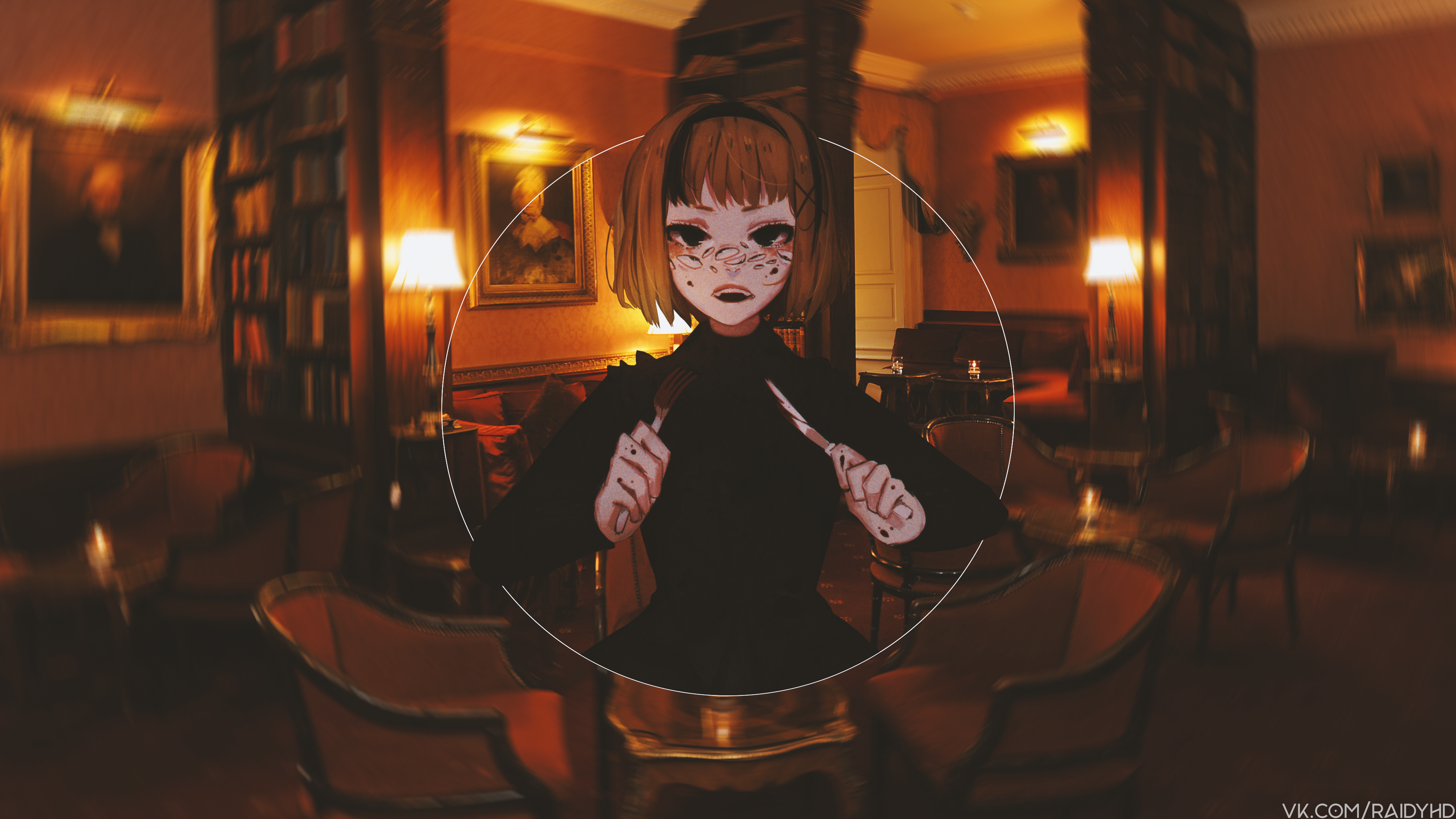 Anime girl with fork and knife in library HD Wallpaper
