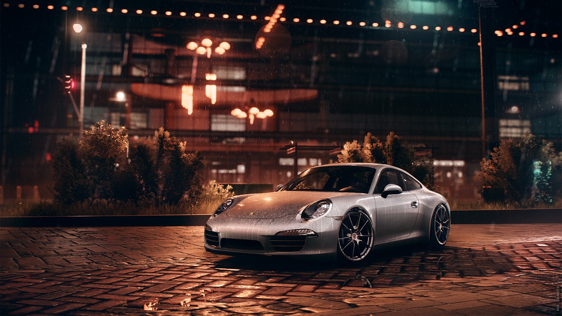 Silver Porsche 911 in the rain at night HD Wallpaper