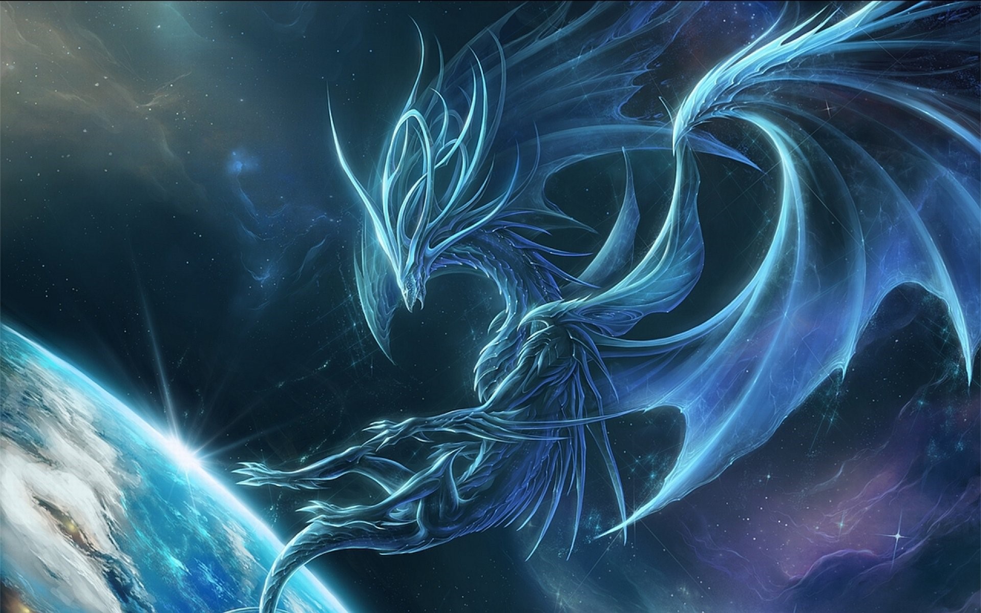 Fantasy ice dragon flying near planet in space HD Wallpaper