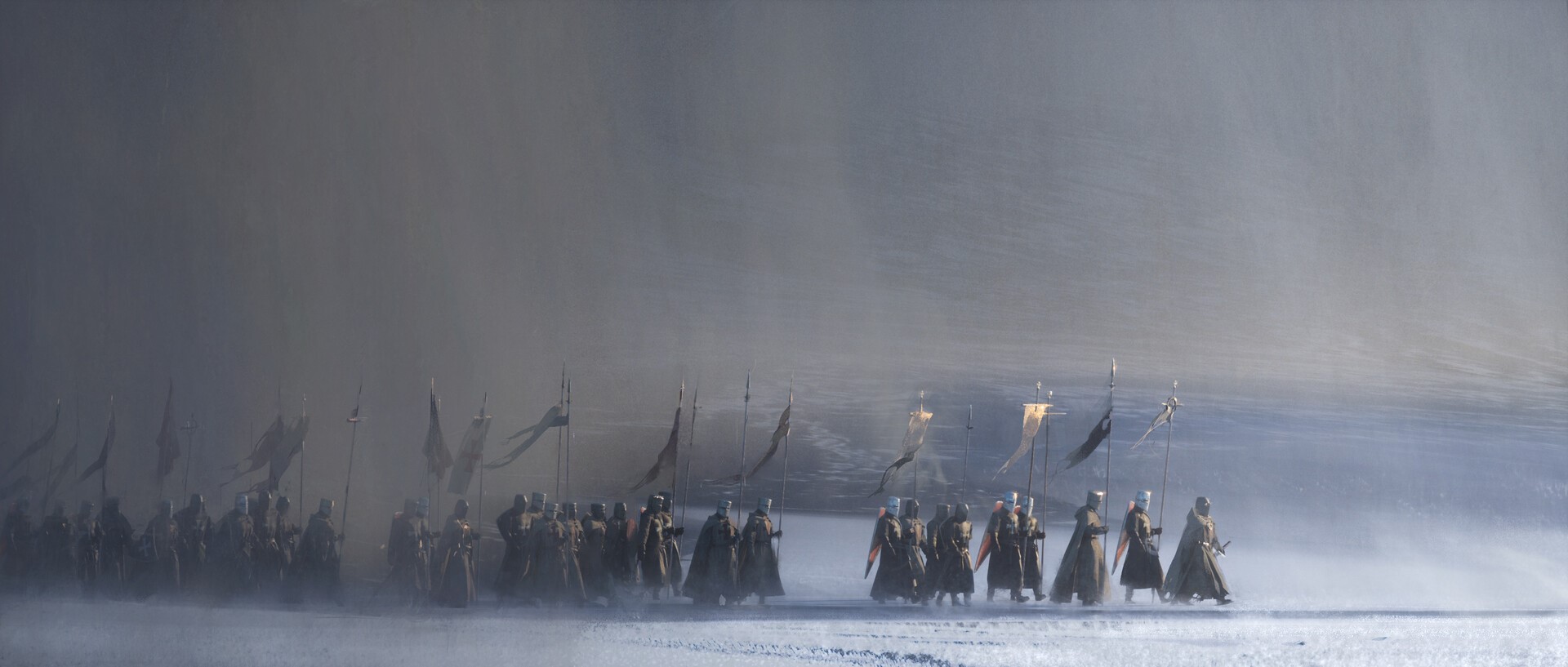 Medieval crusaders with banners in a foggy landscape HD Wallpaper