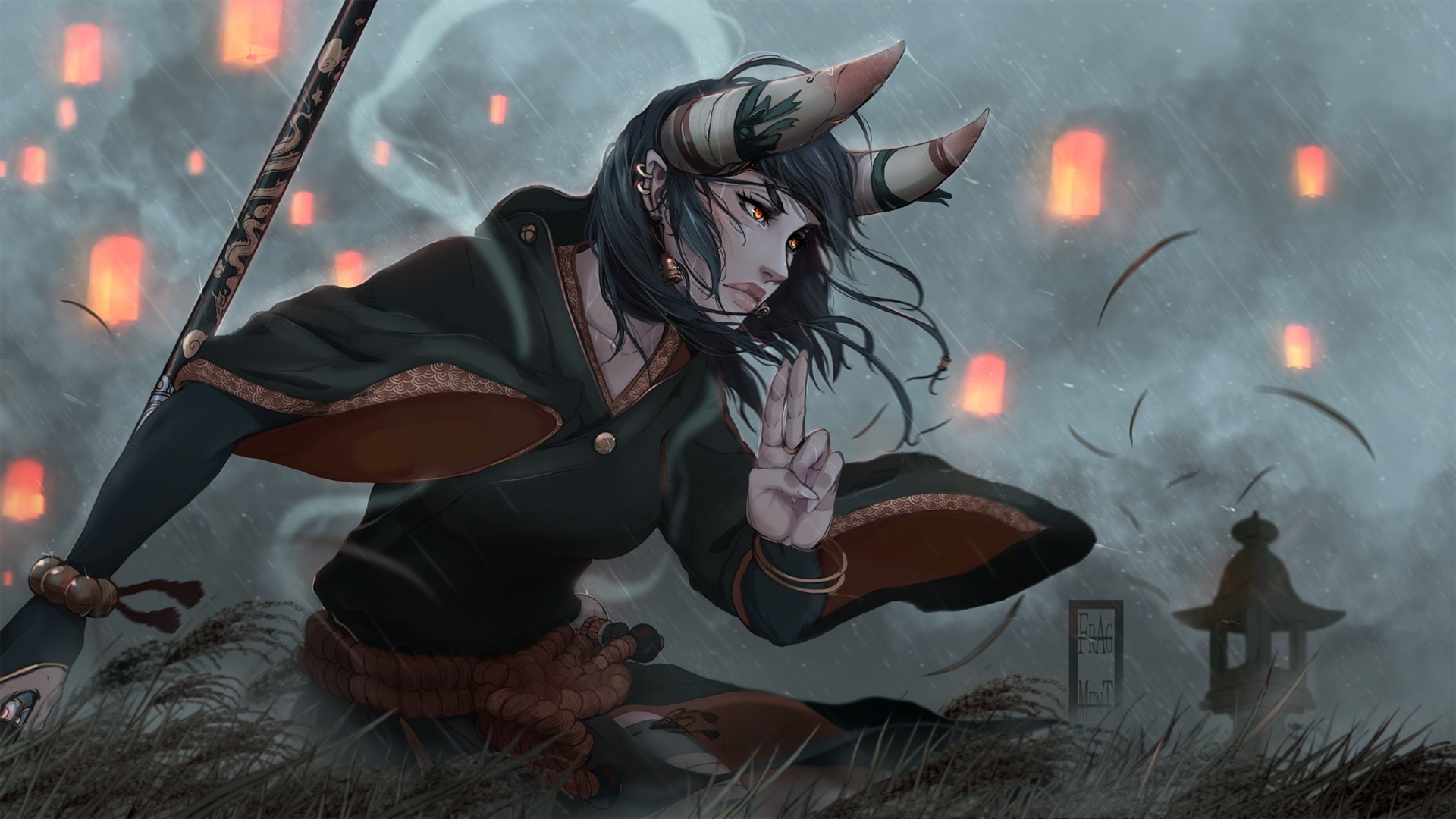 Fantasy girl with horns holding a staff in the rain HD Wallpaper
