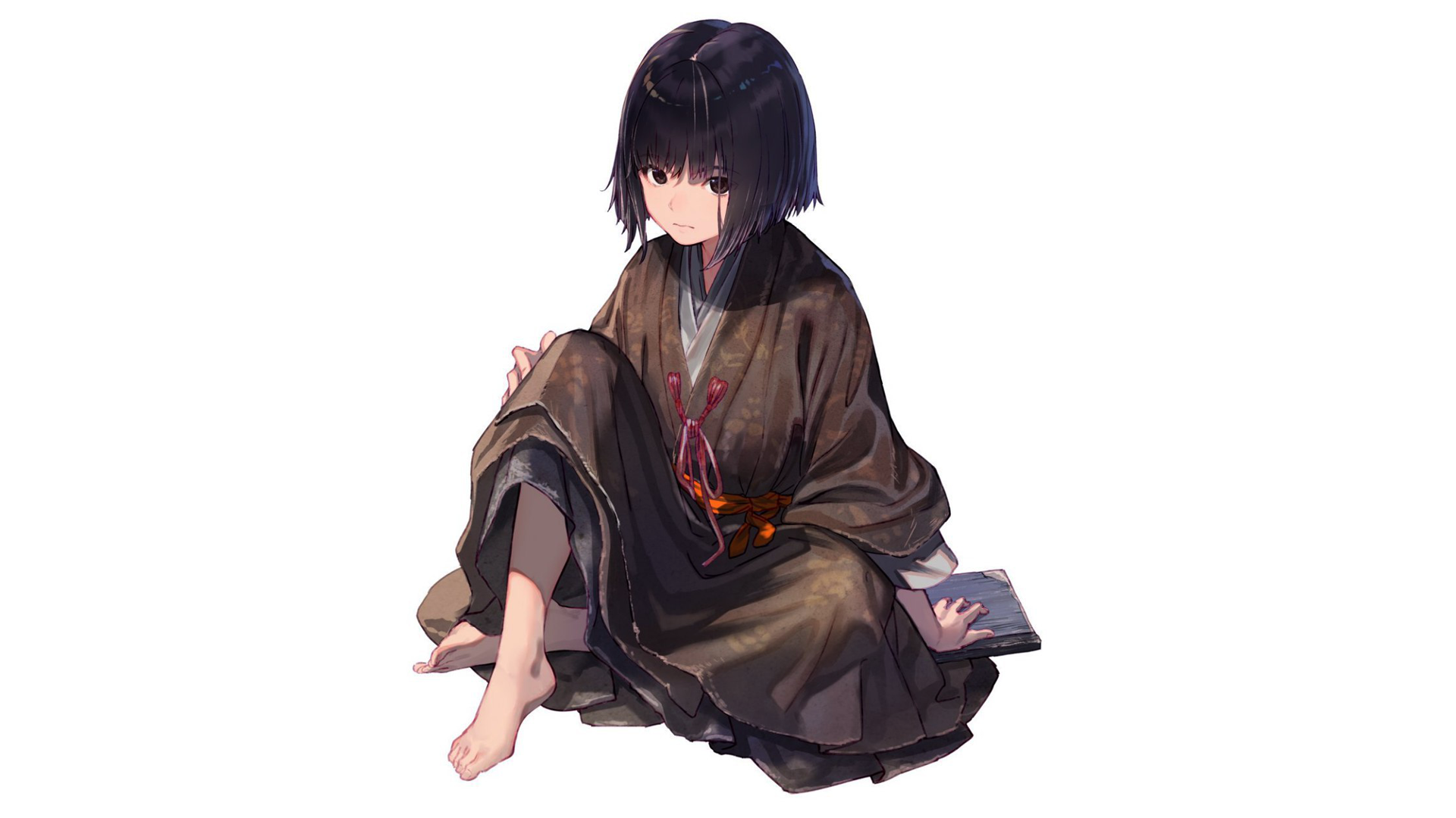 Anime girl in kimono sitting with a book HD Wallpaper